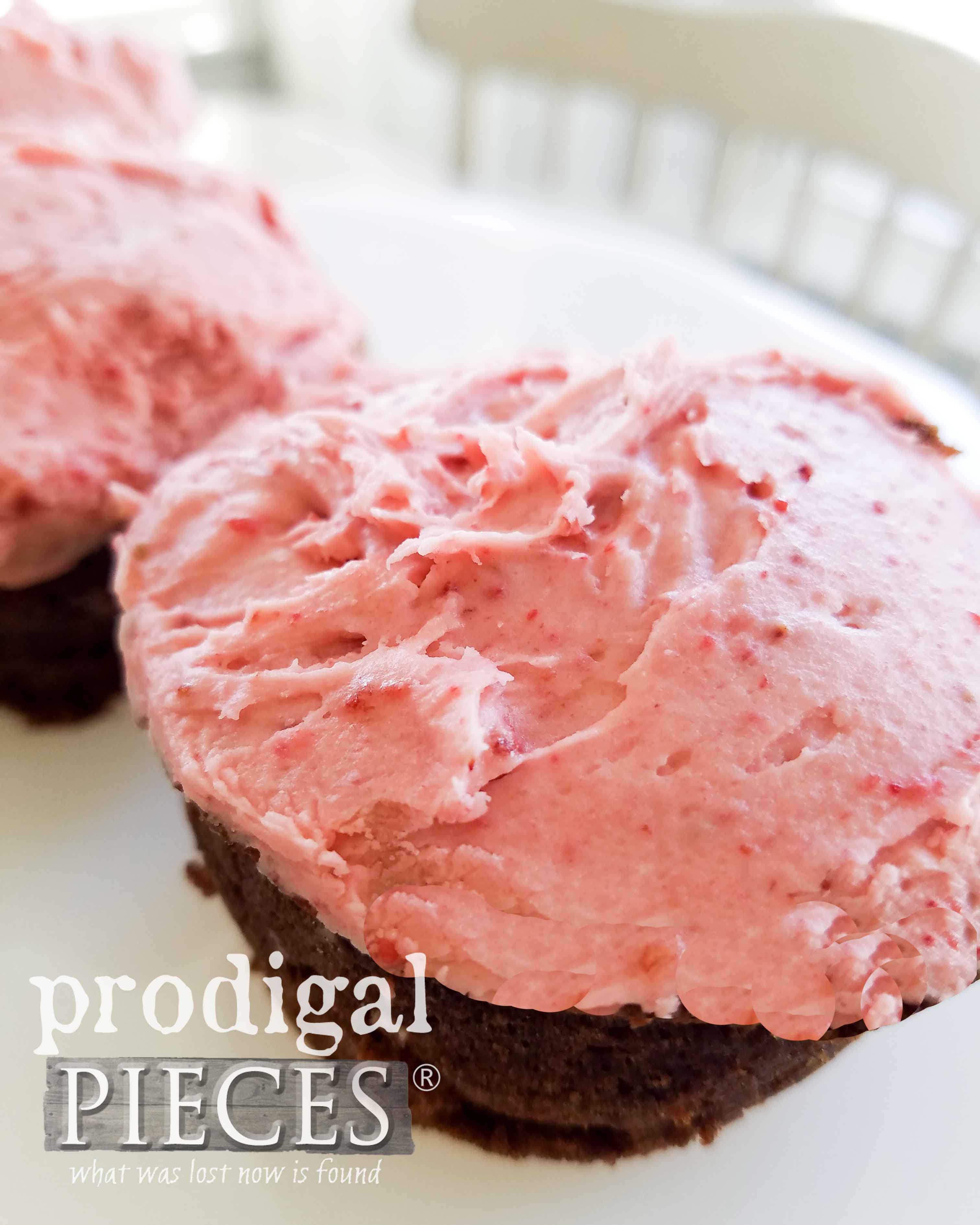 Real Strawberry Buttercream Frosting on Grain-Free Chocolate Cupcakes. A delicious treat! Recipe by Larissa of Prodigal Pieces | prodigalpieces.com