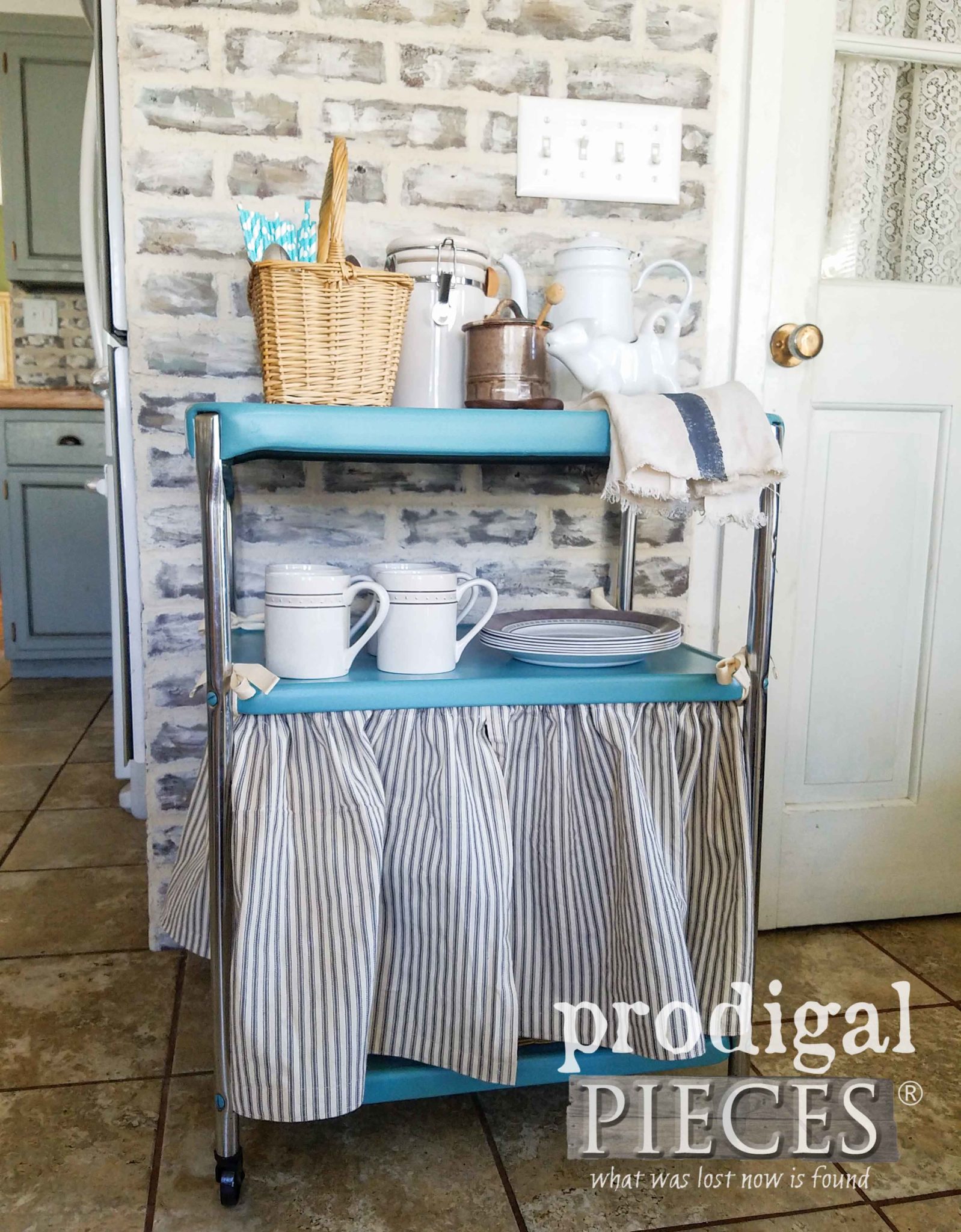 Vintage Teal Cosco Serving Cart with Baskets and Dust Ruffle Skirt ~ DIY tutorial by Larissa of Prodigal Pieces | prodigalpieces.com