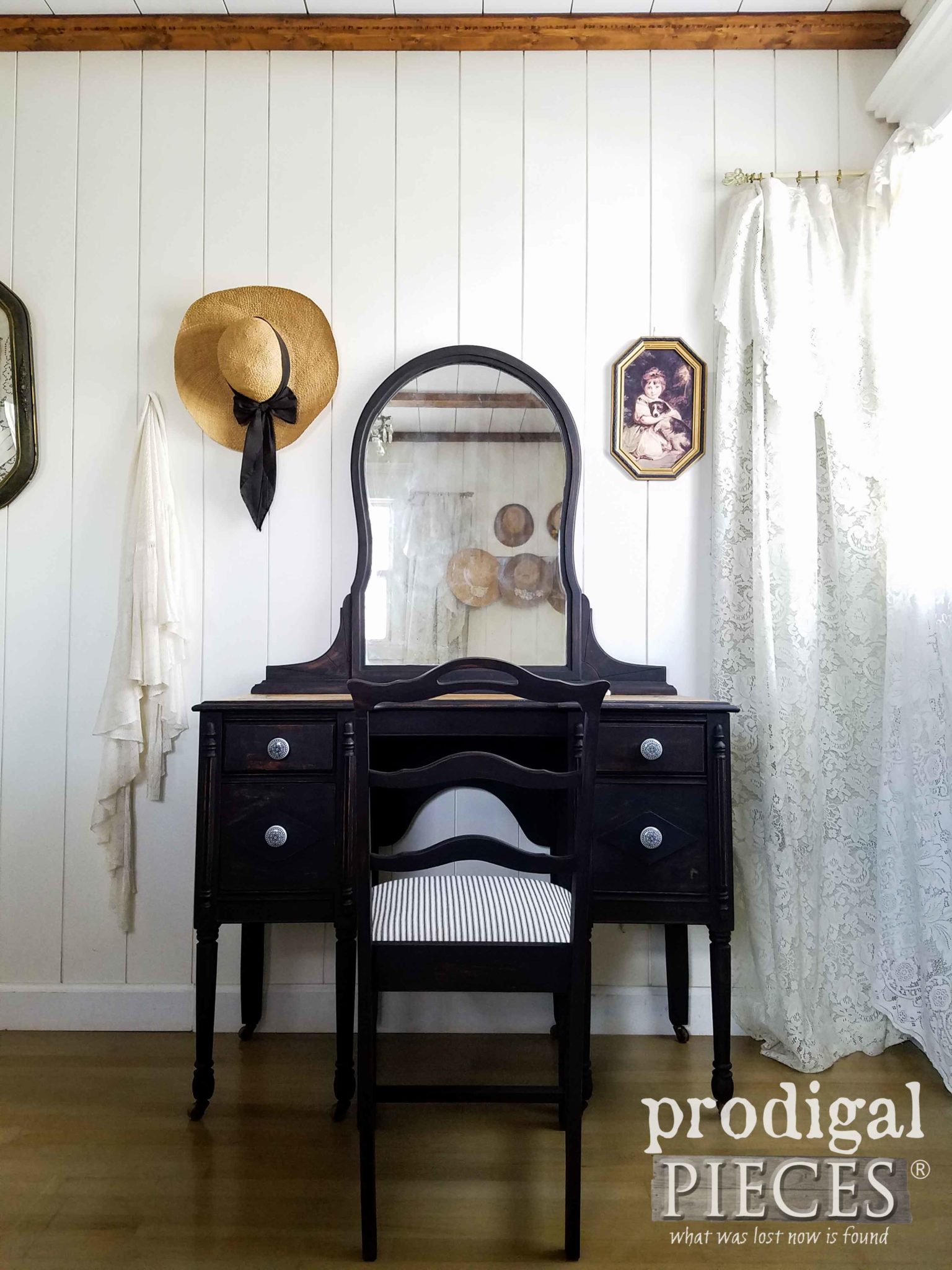Rustic Chic Farmhouse Antique Vanity Set in Black with Ticking Stripe Upholstery by Larissa of Prodigal Pieces | prodigalpieces.com