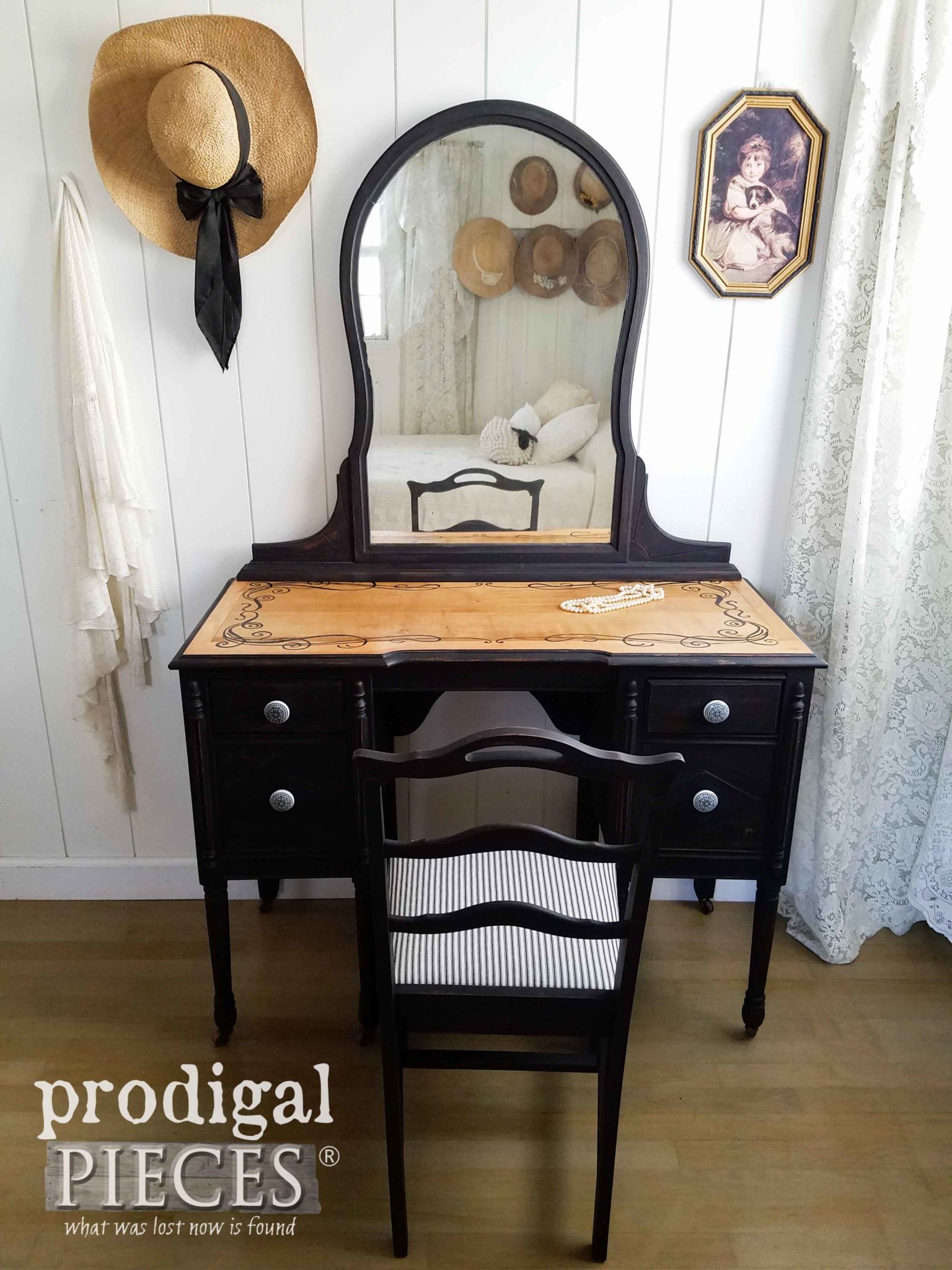 Farmhouse Style Black Antique Dressing Table with Coordinating Chair by Larissa of Prodigal Pieces | prodigalpieces.com