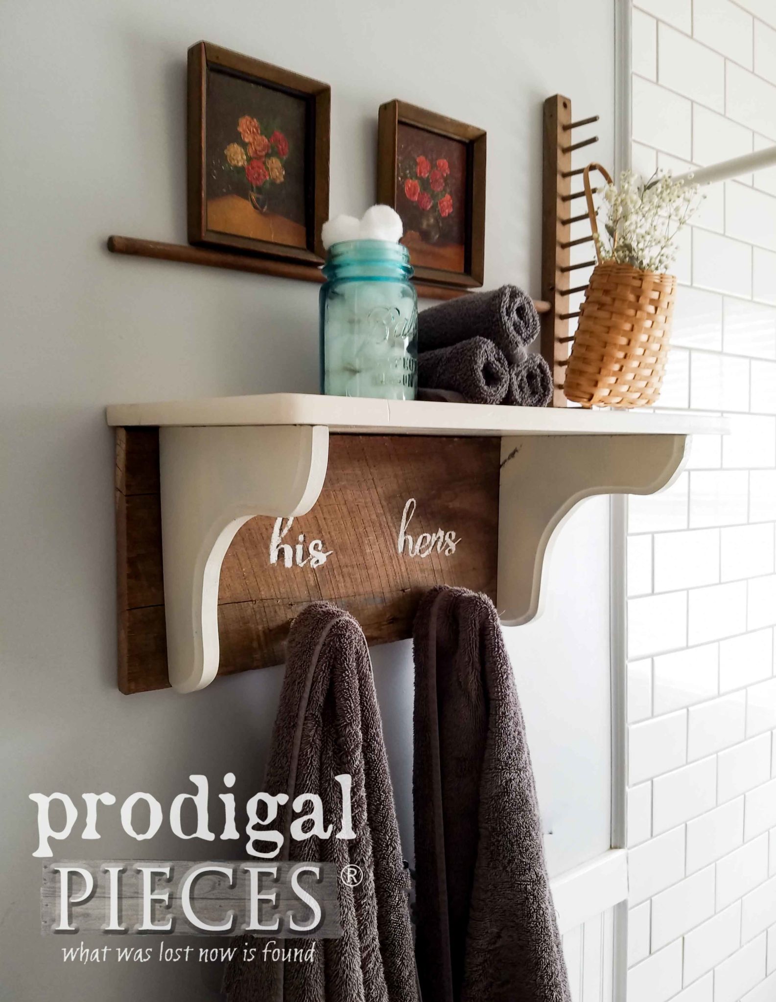 Farmhouse Coat Towel Rack with Shelf from Repurposed Side Table by Prodigal Pieces | prodigalpieces.com