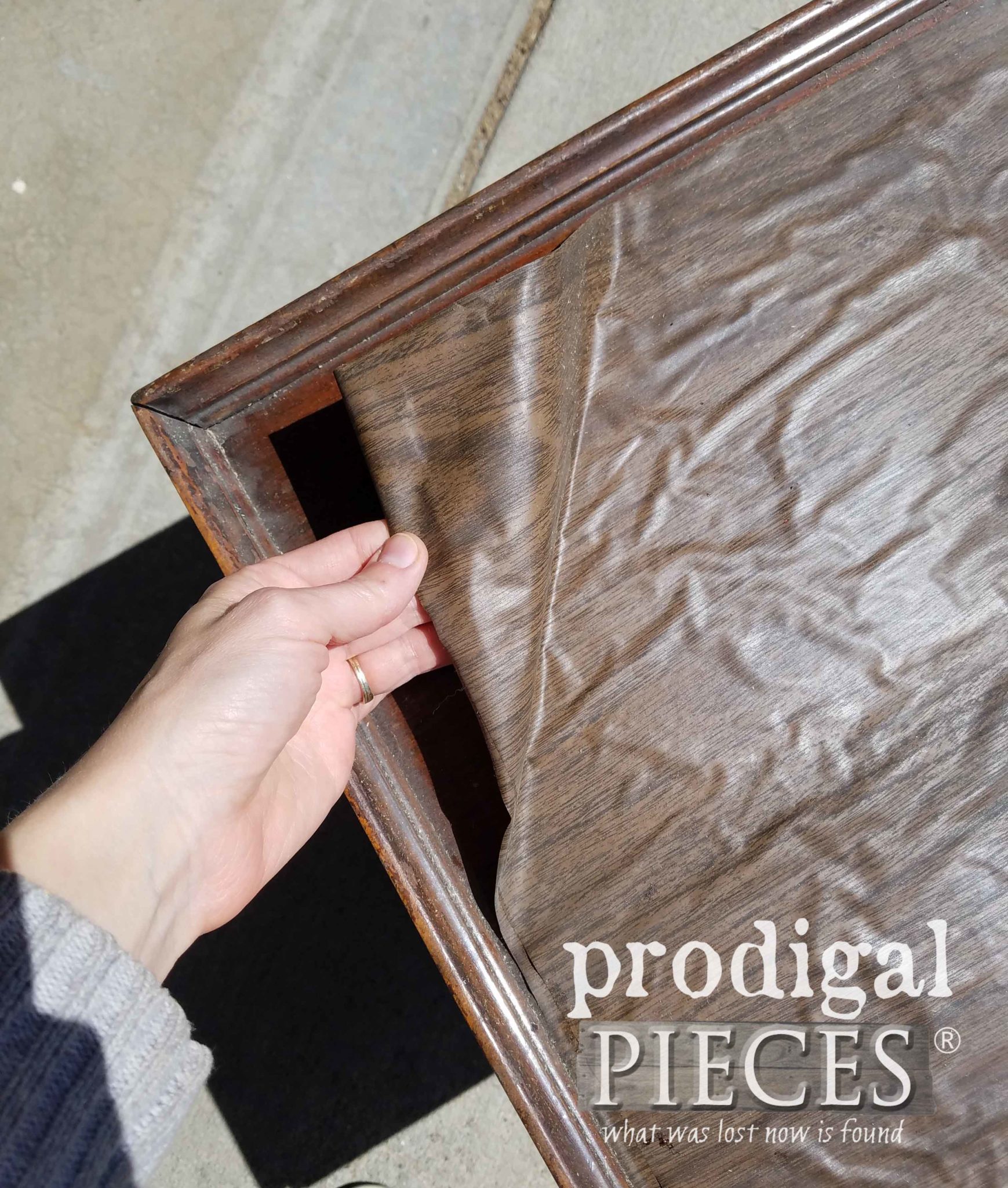 Faux Wood Contact Paper on Antique Coffee Table...Oy! | prodigalpieces.com