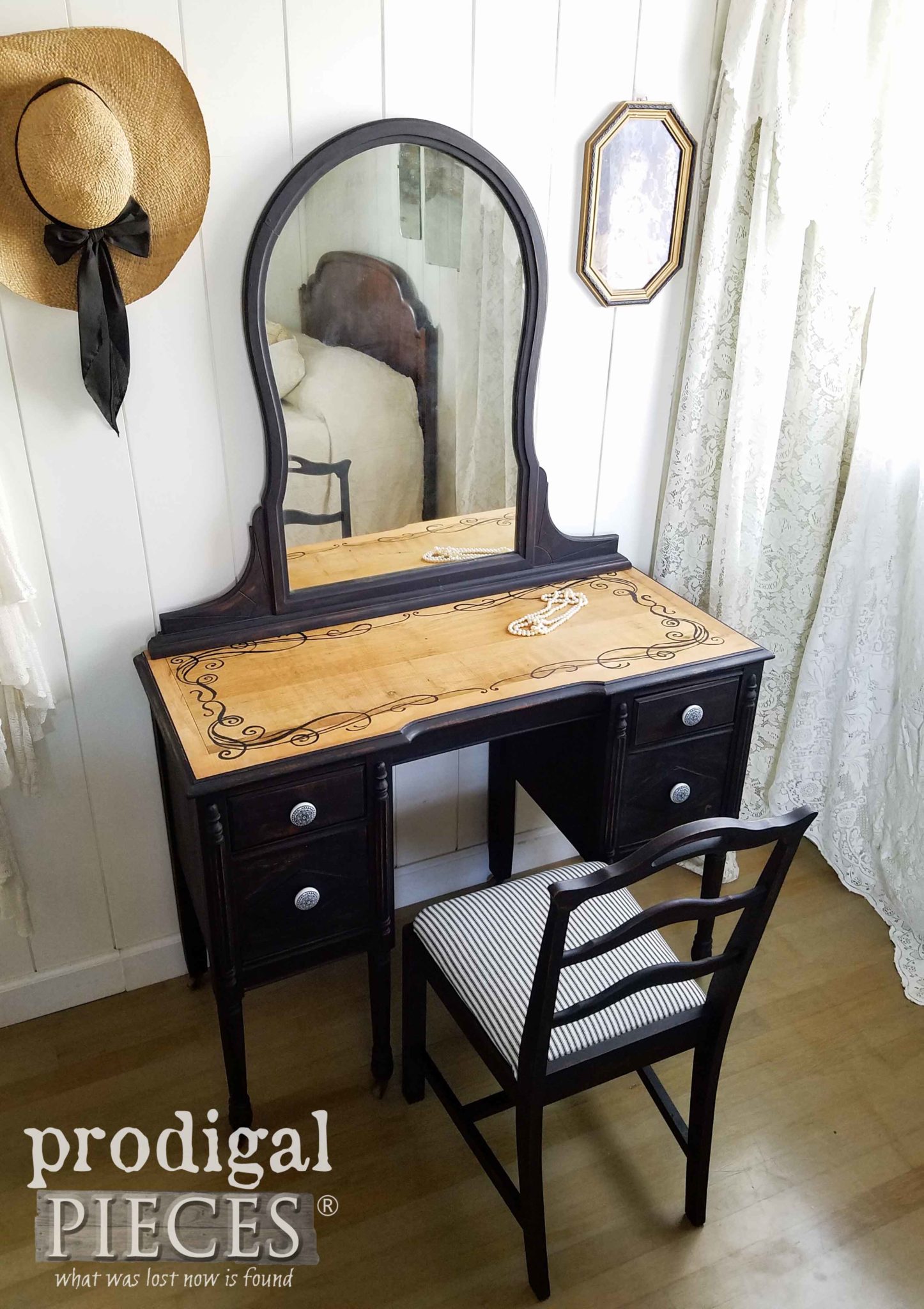 Hand-Painted Black Antique Vanity with Farmhouse Ticking Upholstered Chair by Larissa of Prodigal Pieces | prodigalpieces.com