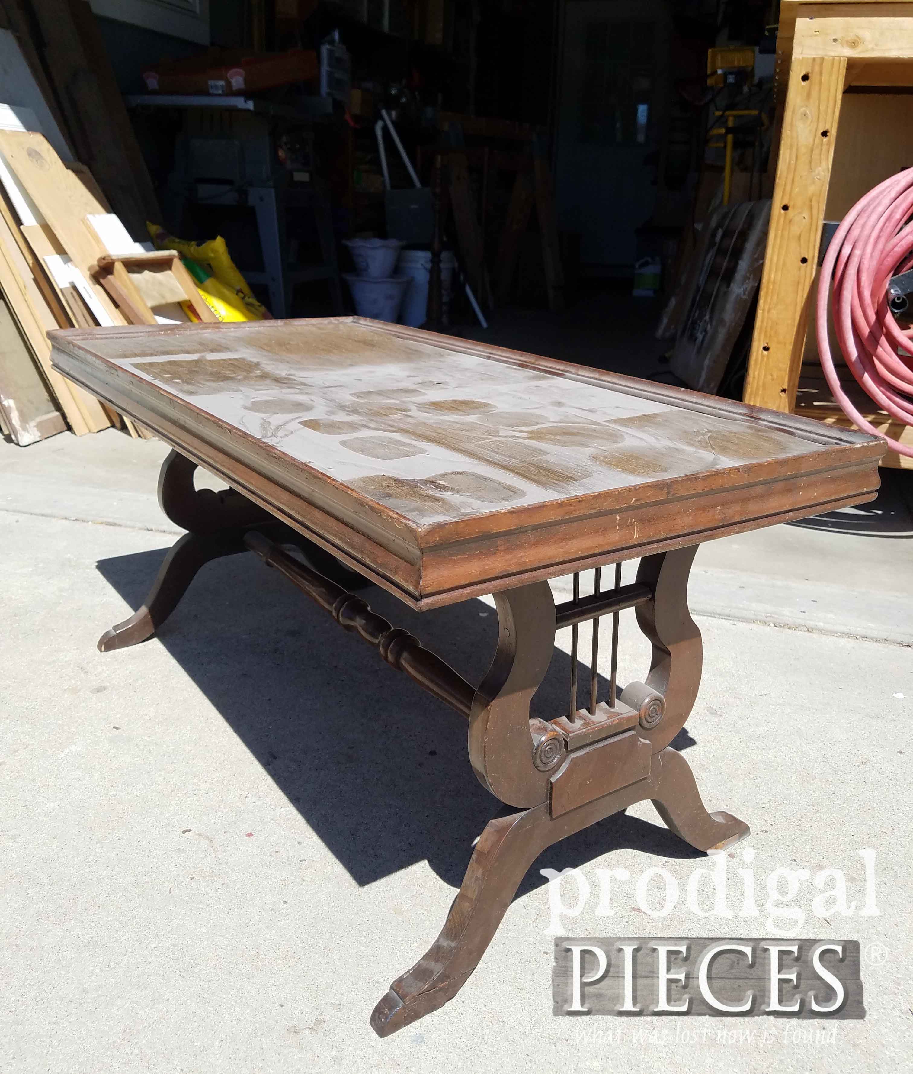 Antique Lyre Coffee Table Before Makeover by Prodigal Pieces | prodigalpieces.com