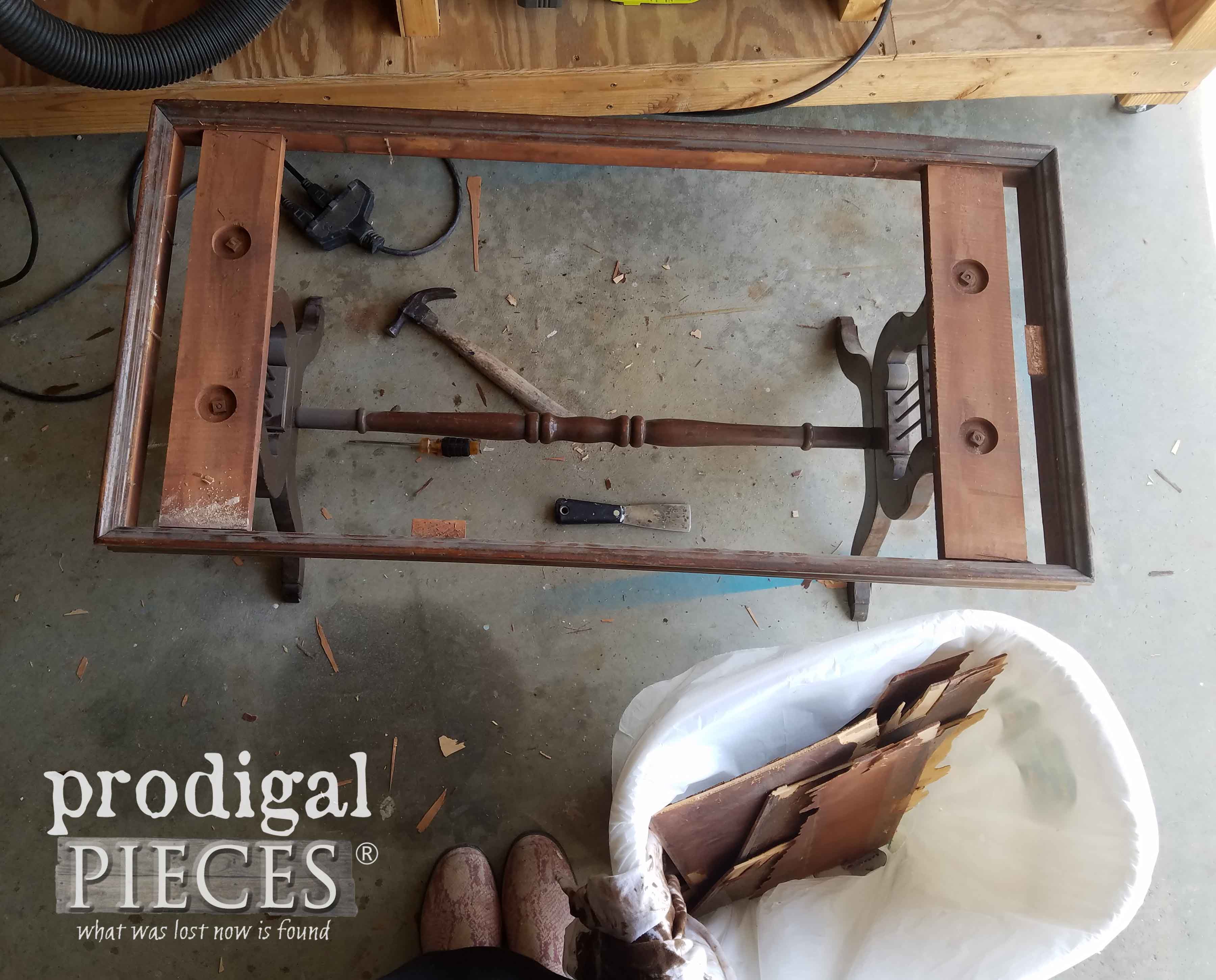 Removing Damaged Lyre Coffee Table Top for Repair | prodigalpieces.com