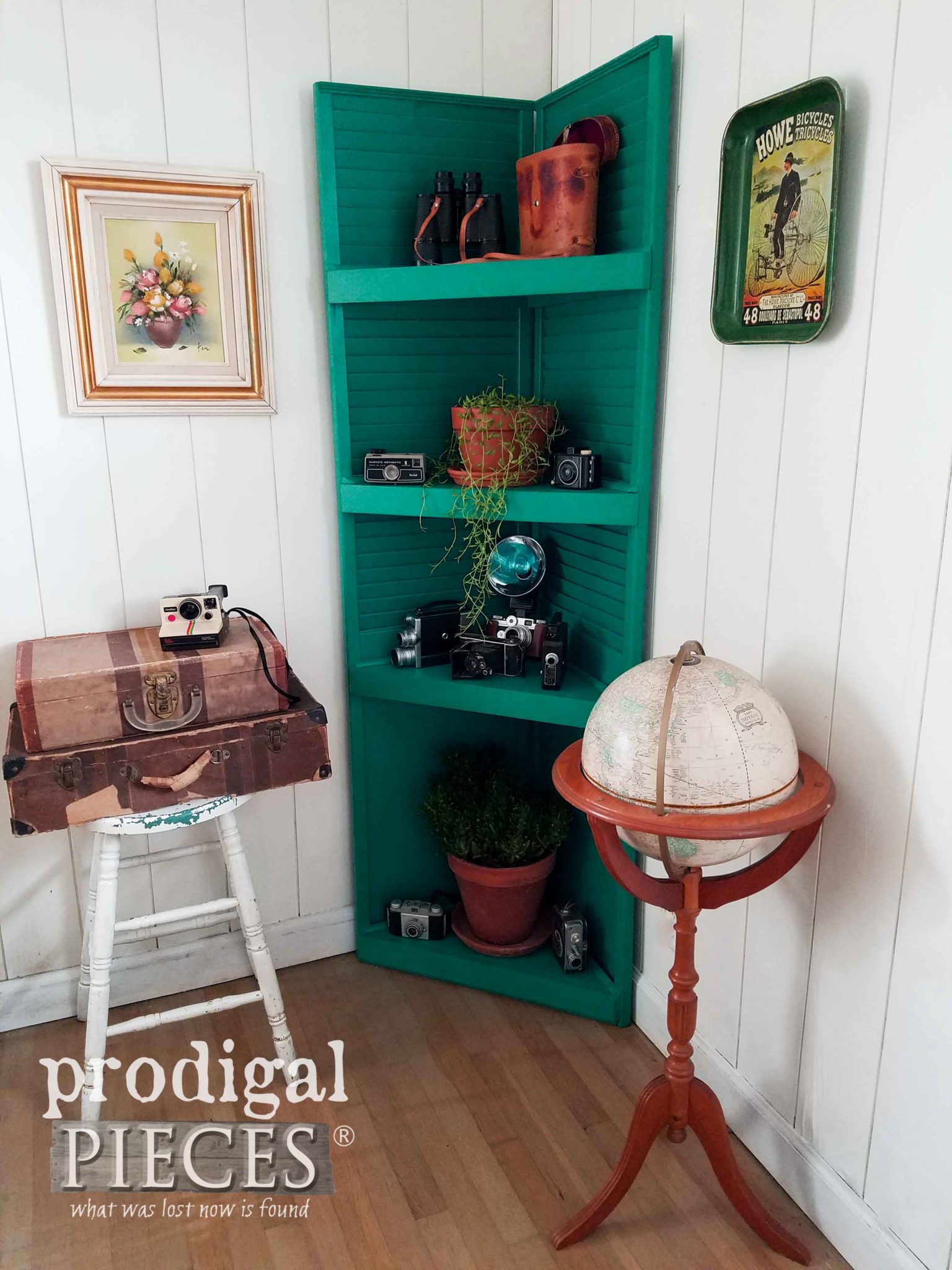 Corner Shelf Built by Larissa of Prodigal Pieces by Upcycling a Pair of Wooden Louver Doors | prodigalpieces.com