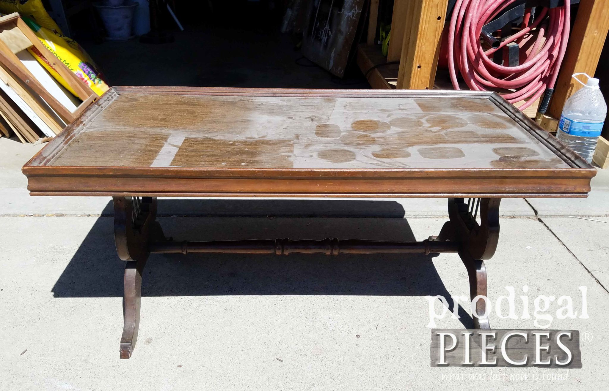 Worn Antique Lyre Coffee Table Needs New Life | prodigalpieces.com