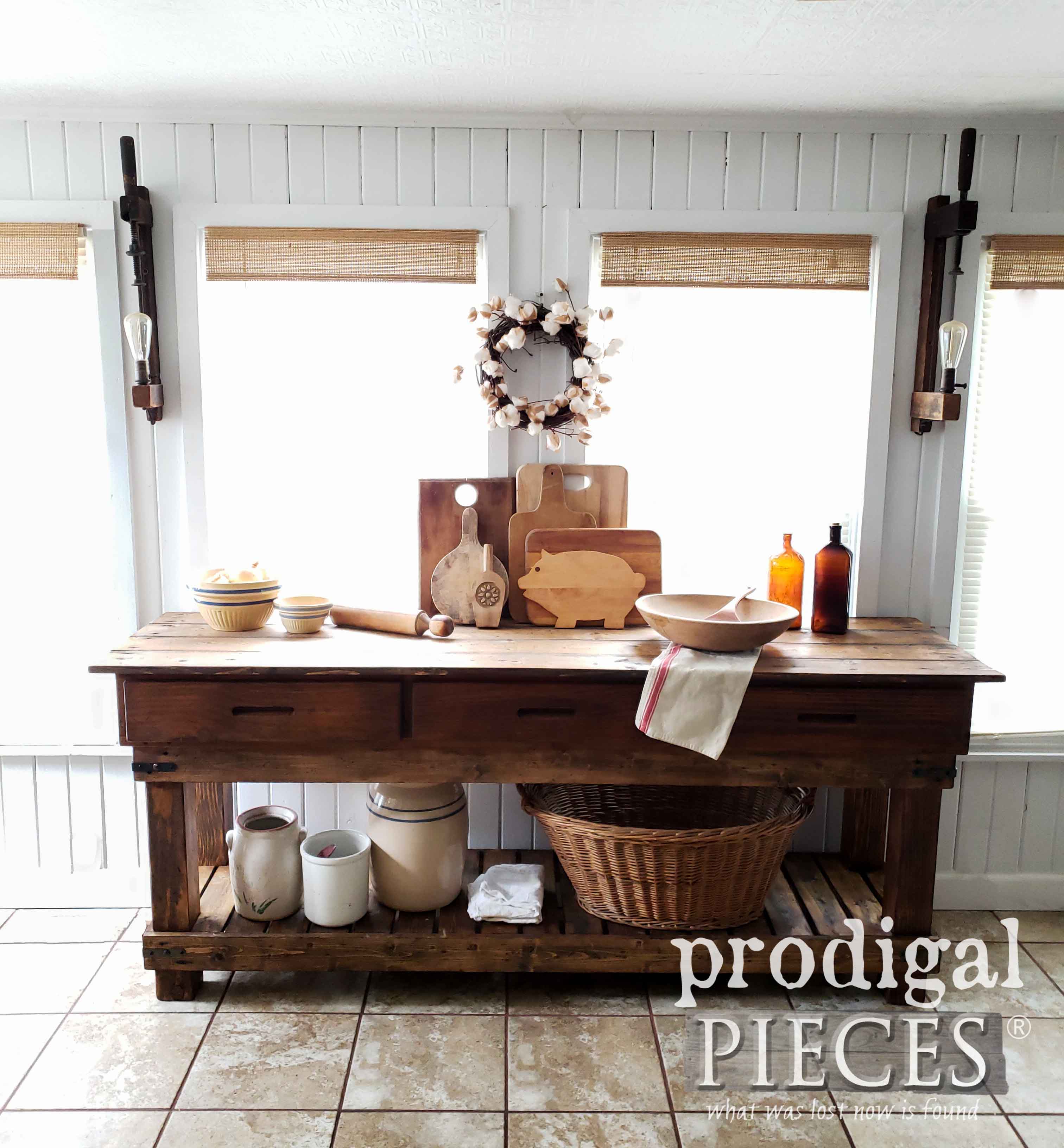 Fantastic Farmhouse Workbench for Kitchen, Entry, and Living Room created by Larissa of Prodigal Pieces | prodigalpieces.com