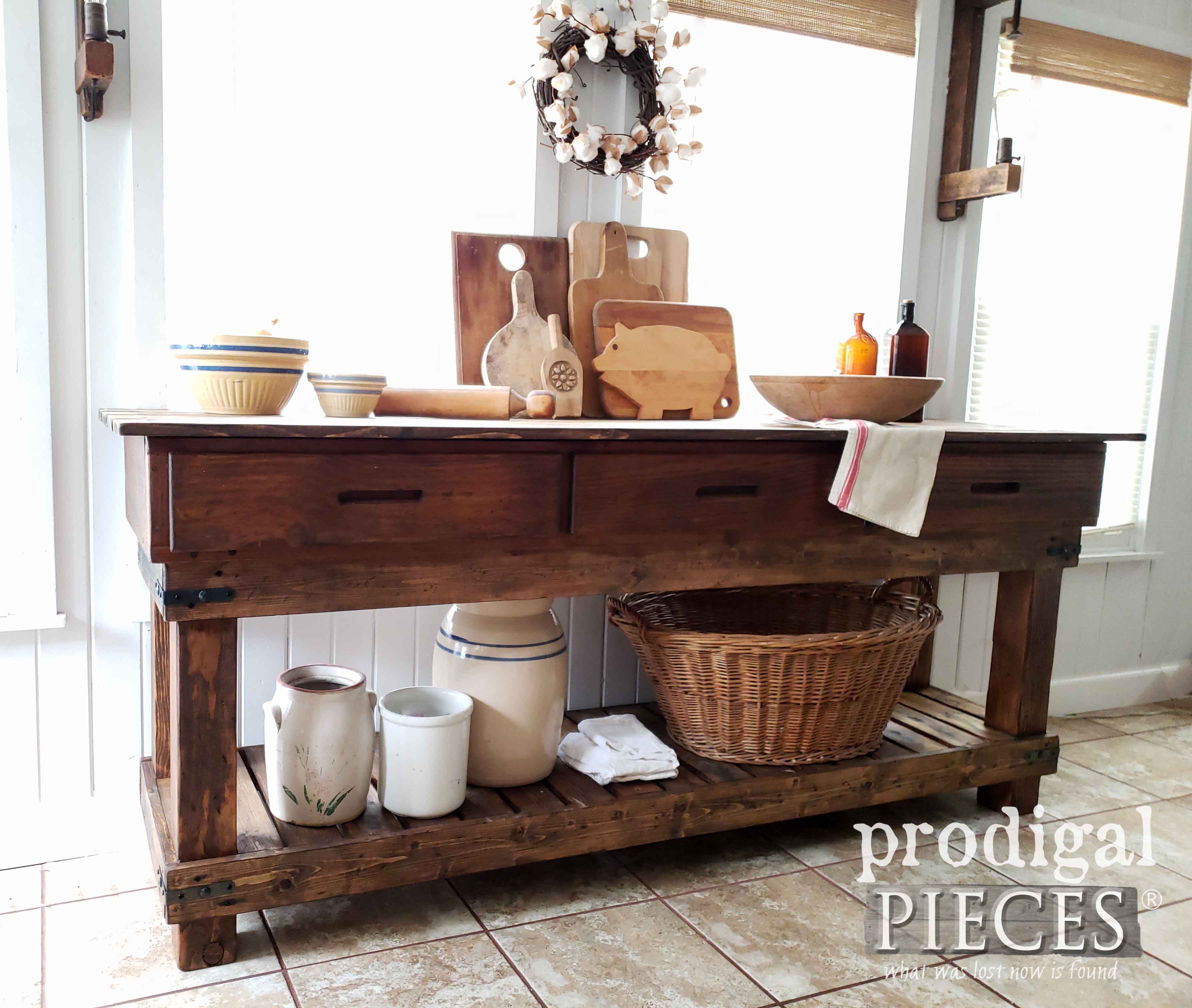 Farmhouse Style Kitchen Island Workbench or Entertainment Console by Larissa of Prodigal Pieces | prodigalpieces.com