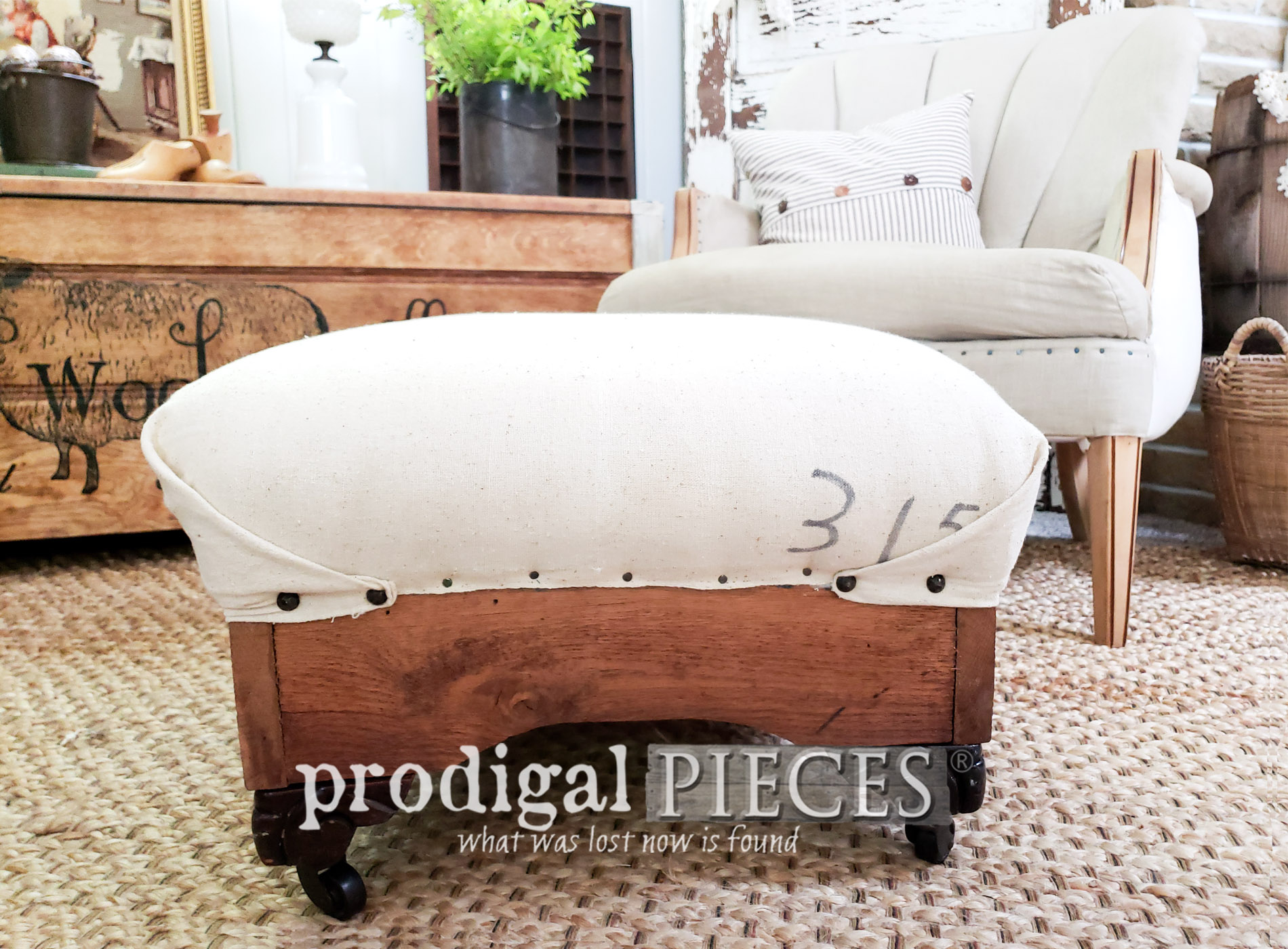 Featured Farmhouse Deconstructed Ottoman with Feed Sack Upholstery by Larissa of Prodigal Pieces | prodigalpieces.com