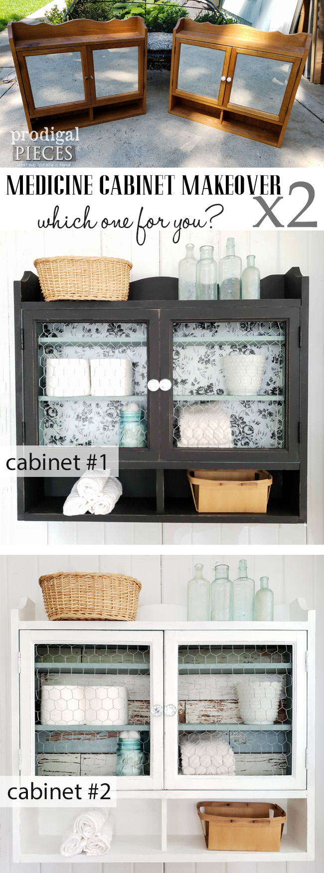 Check out this thrifted medicine cabinet makeover by Larissa of Prodigal Pieces. This pair looks like night and day compared to their original look. Easy DIY steps to recreate your home decor at prodigalpieces.com #prodigalpieces #homedecor #farmhouse #diy