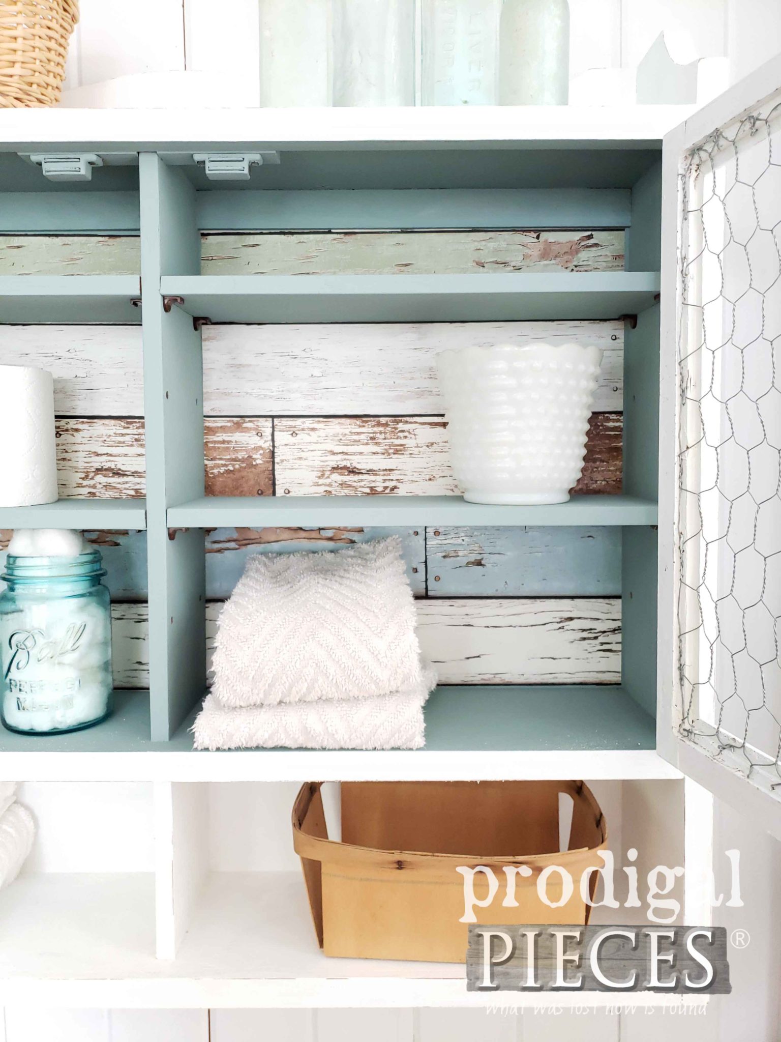 Modern Farmhouse Cabinet with Chicken Wire Doors, Aqua Interior, and Barn Wood Backing by Larissa of Prodigal Pieces | prodigalpieces.com