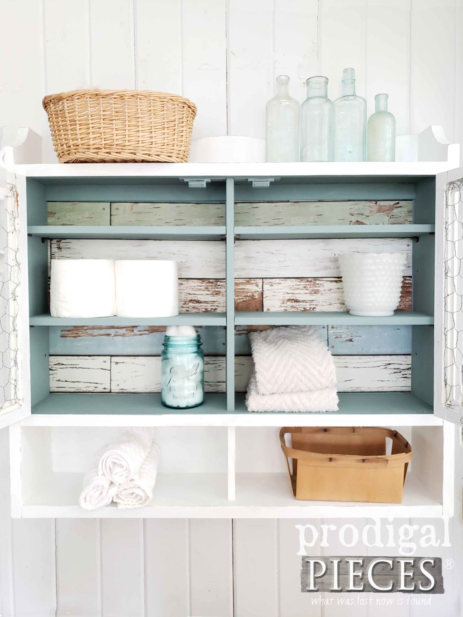 Modern Farmhouse White Cupboard with Aqua Interior and Barn Wood Paper Backing by Larissa of Prodigal Pieces | prodigalpieces.com