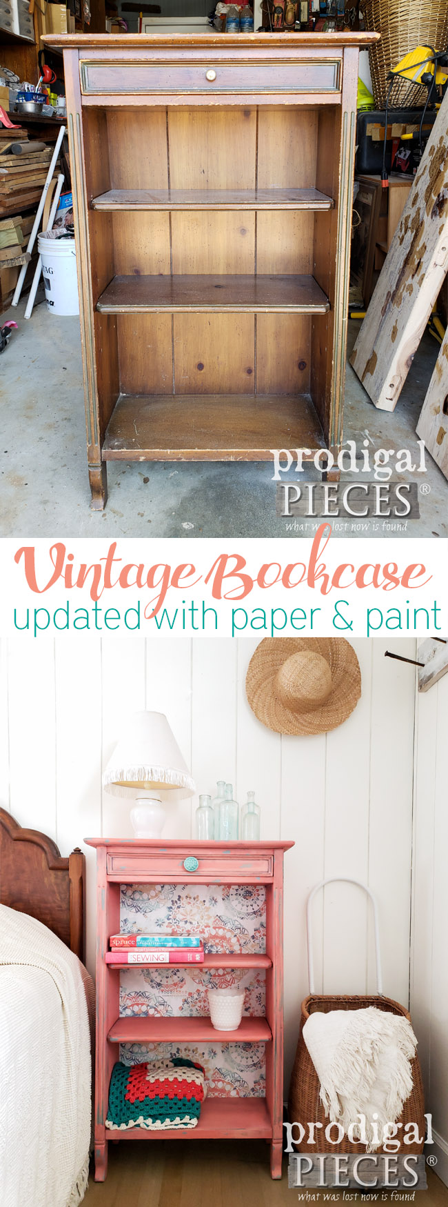 Look how fun! Larissa of Prodigal Pieces gave her updated bookcase a paint & paper makeover for a Boho style DIY project. Easy to do with the HomeRight Super Finish Max paint sprayer. Come see at prodigalpieces.com #prodigalpieces #homedecor #furniture #shopping