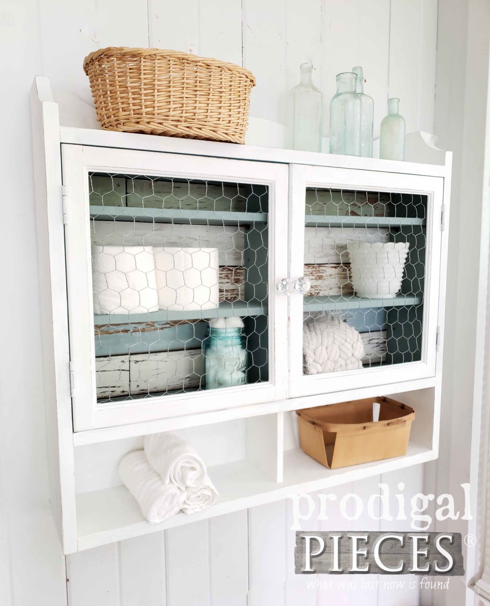 White Farmhouse Style Wall Cupboard from a Thrifted Medicine Cabinet by Larissa of Prodigal Pieces | prodigalpieces.com