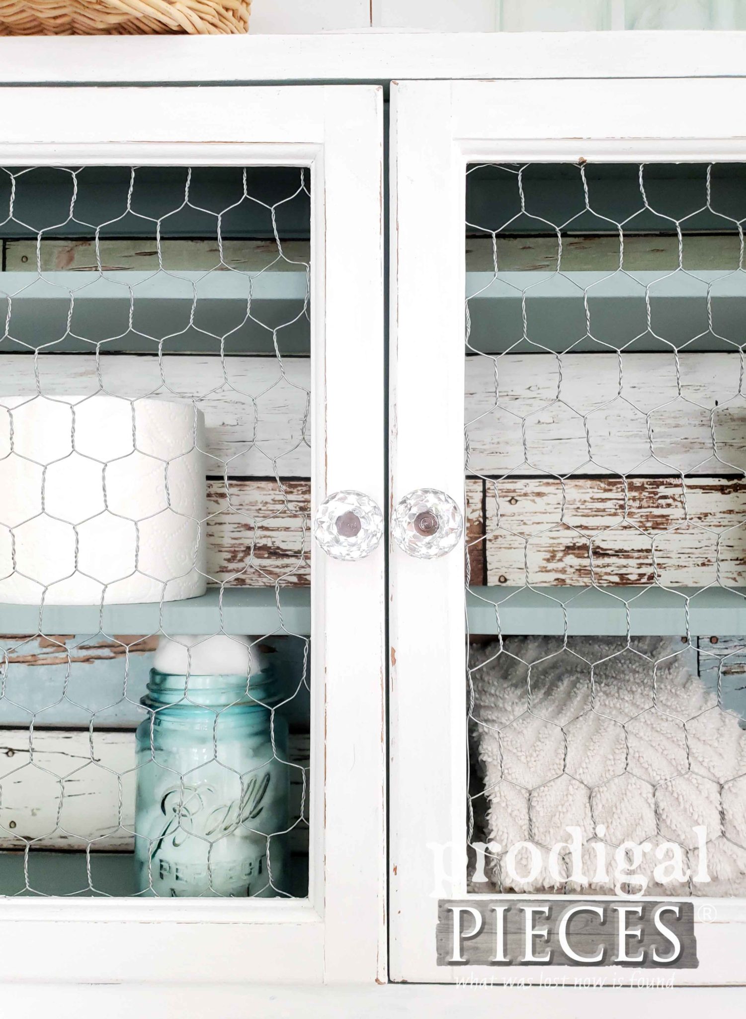 White Medicine Cabinet with Chicken Wire Doors and Glass Knobs by Prodigal Pieces | prodigalpieces.com
