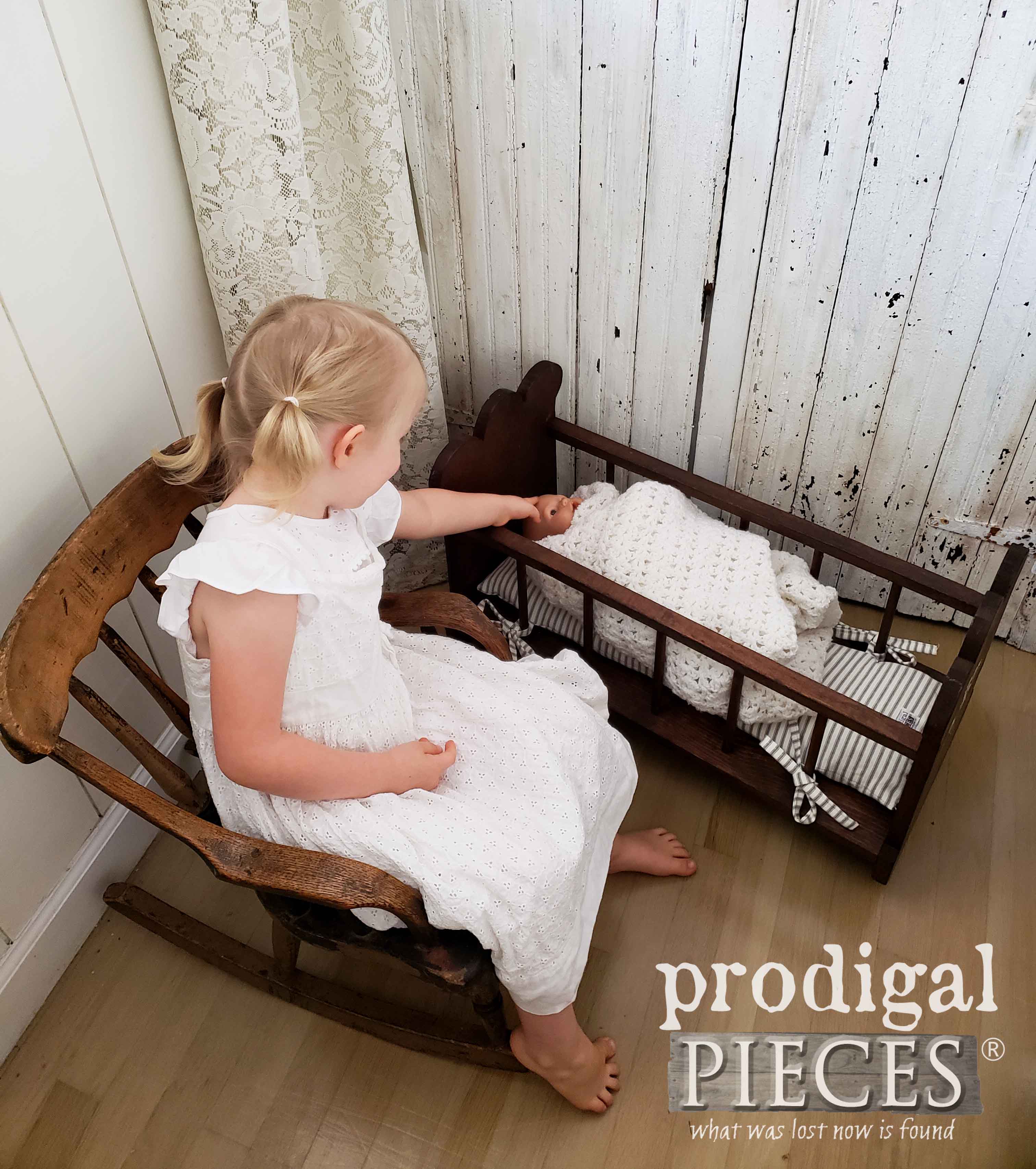 Wooden Farmhouse Doll Cradle with Ticking Mattress by Larissa of Prodigal Pieces | prodigalpieces.com