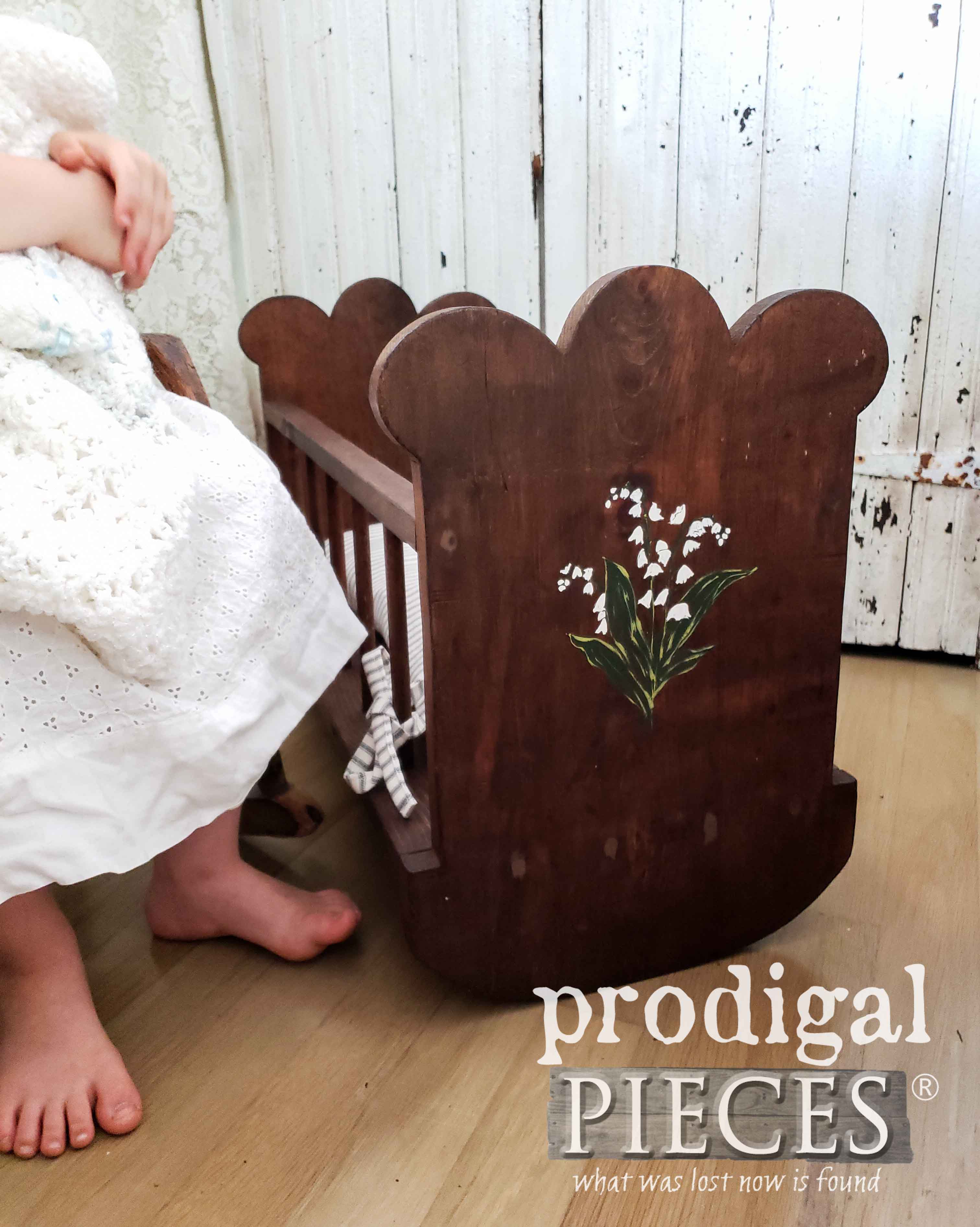 Handmade Wooden Doll Cradle with Hand-Painted Lily of the Valley by Larissa of Prodigal Pieces | prodigalpieces.com