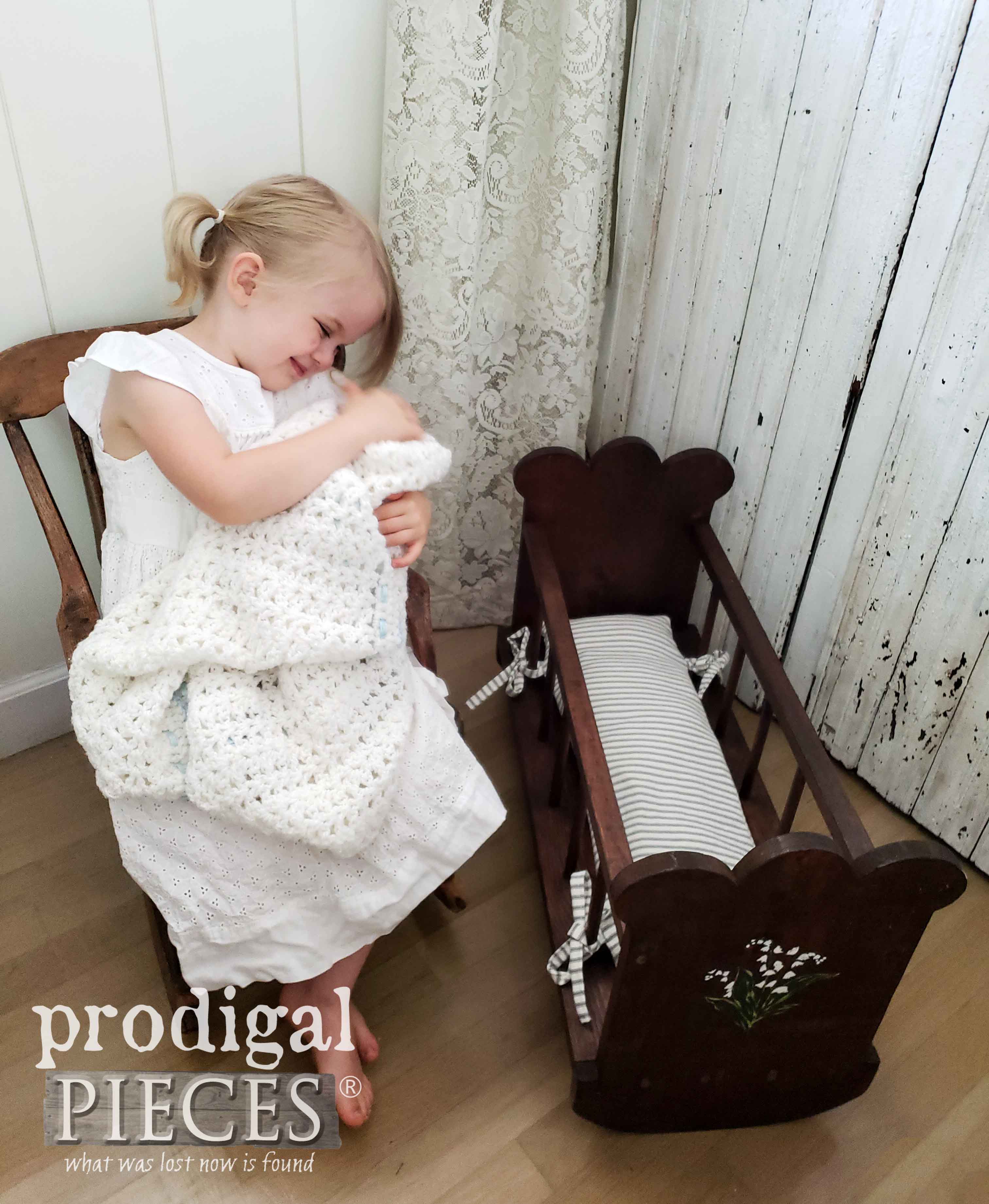 Little Girl with Doll Cradle with Farmhouse Style by Larissa of Prodigal Pieces | prodigalpieces.com