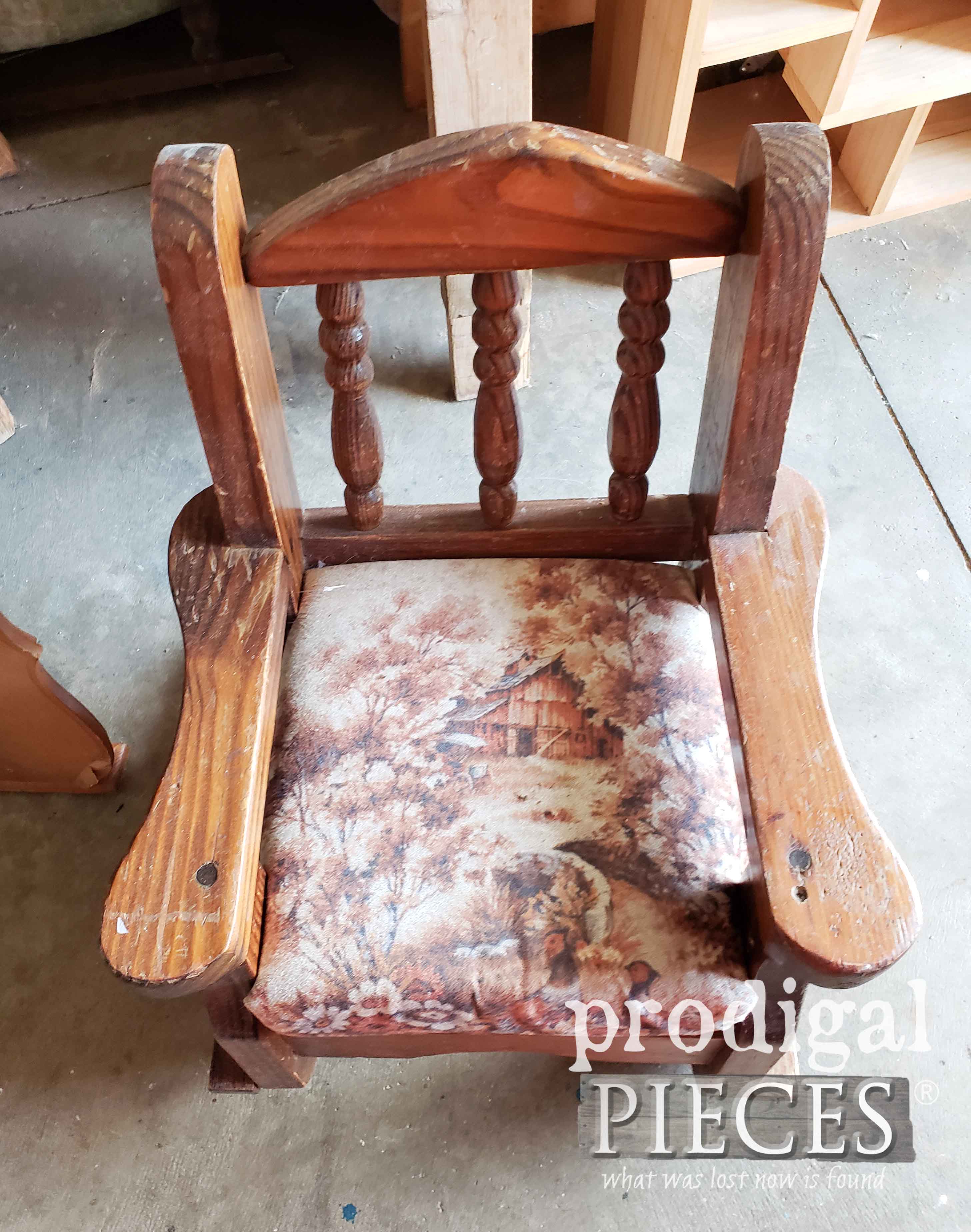 Awful Vintage Upholstery on Child's Rocking Chair | prodigalpieces.com