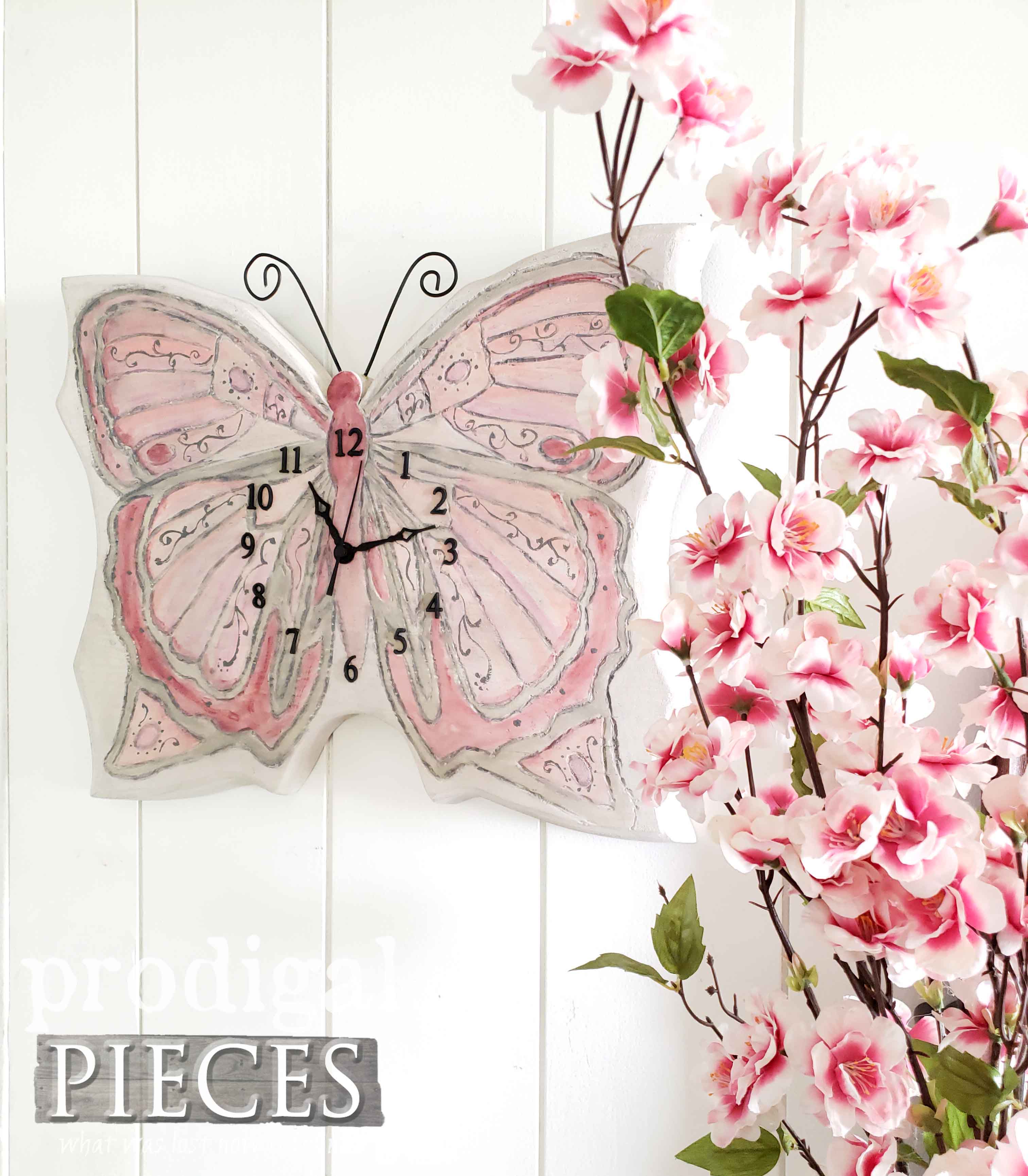 This Hand-Painted Butterfly Wall Clock was Created by Larissa of Prodigal Pieces | prodigalpieces.com