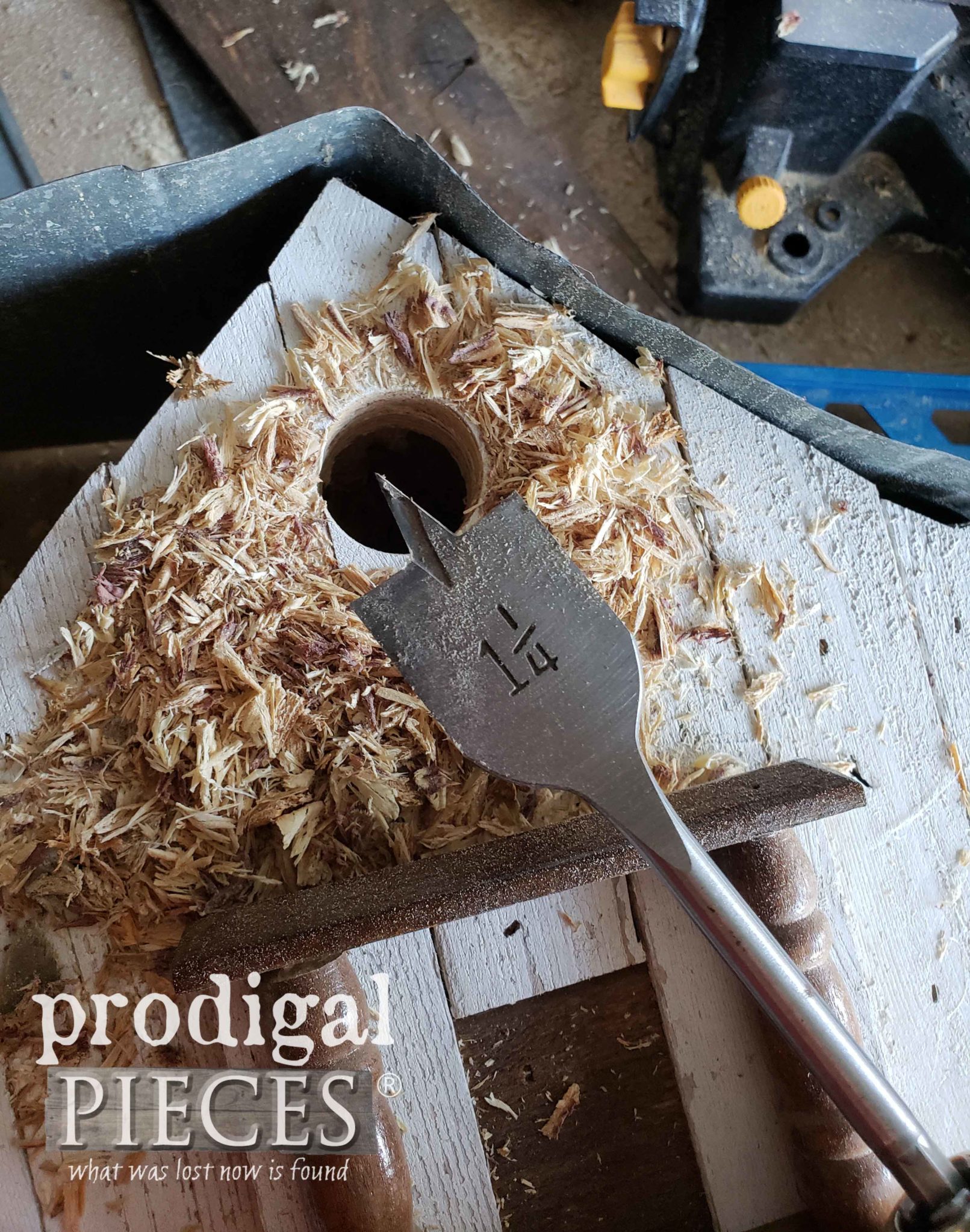 Drilling Birdhouse Hole Opening with Spade Bit | prodigalpieces.com