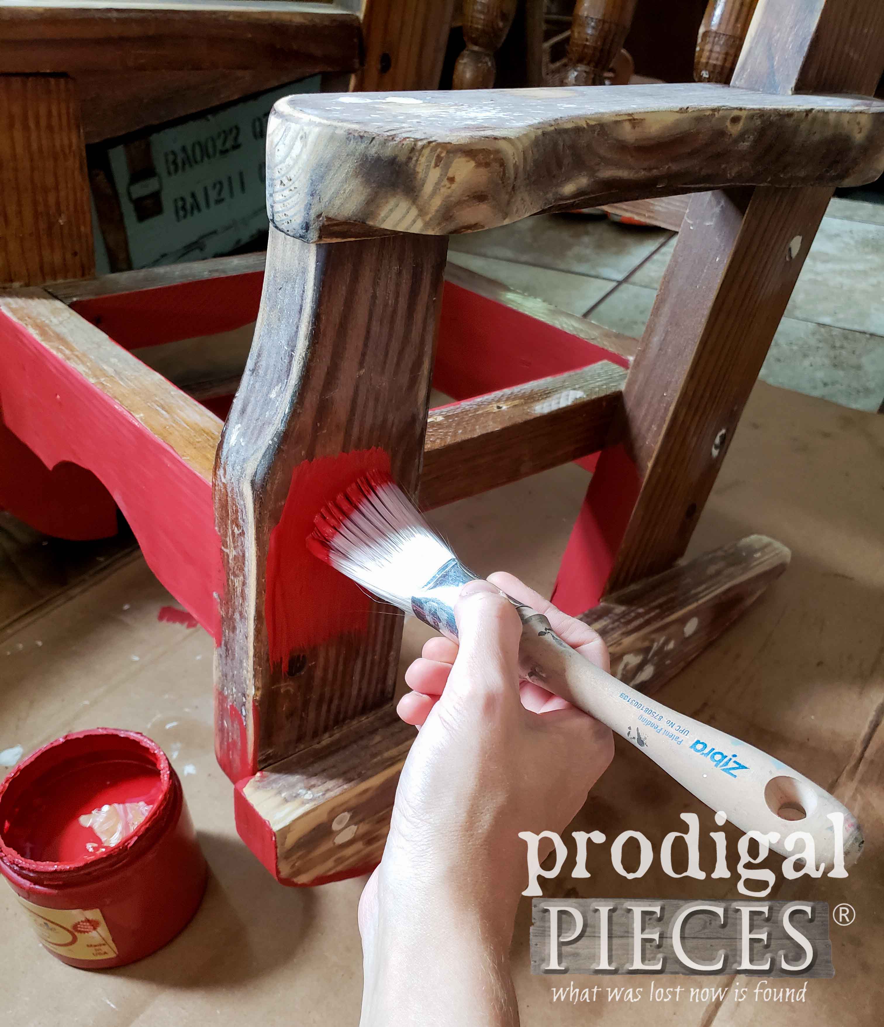 Zibra Fan Brush to Paint Barn Red Paint on Child's Rocking Chair by Larissa of Prodigal Pieces | prodigalpieces.com