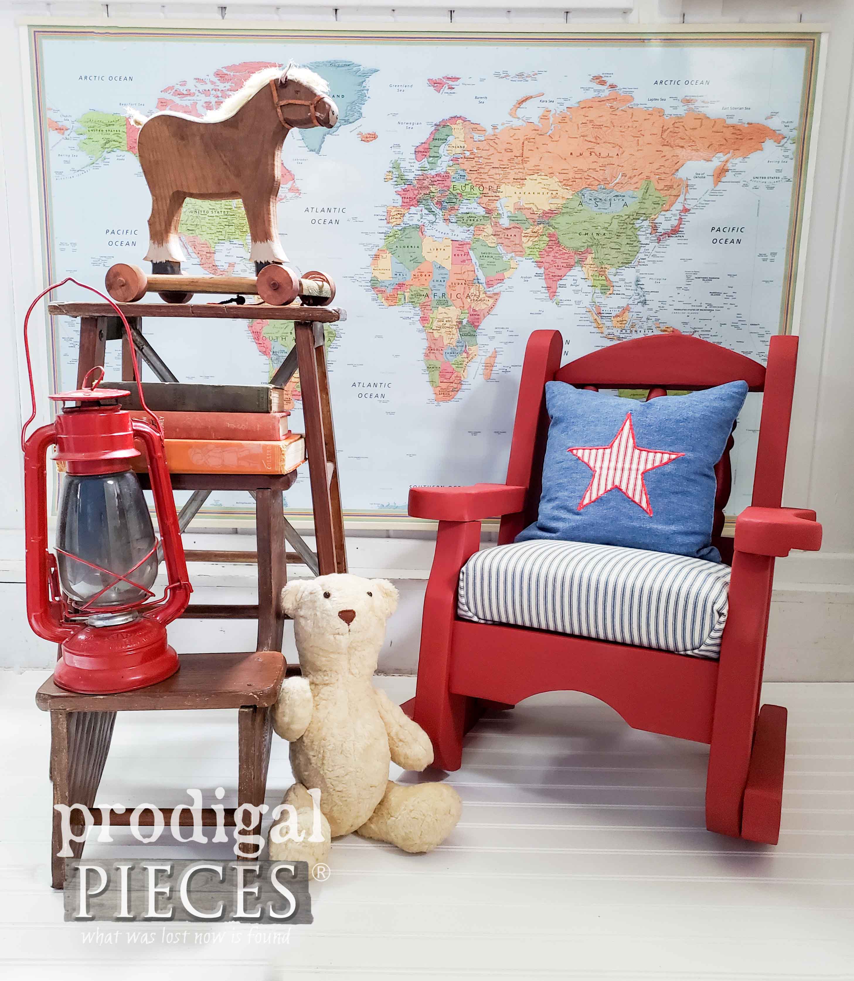 Vintage Child's Rocking Chair Makeover with Red and Ticking Stripes by Larissa of Prodigal Pieces | prodigalpieces.com