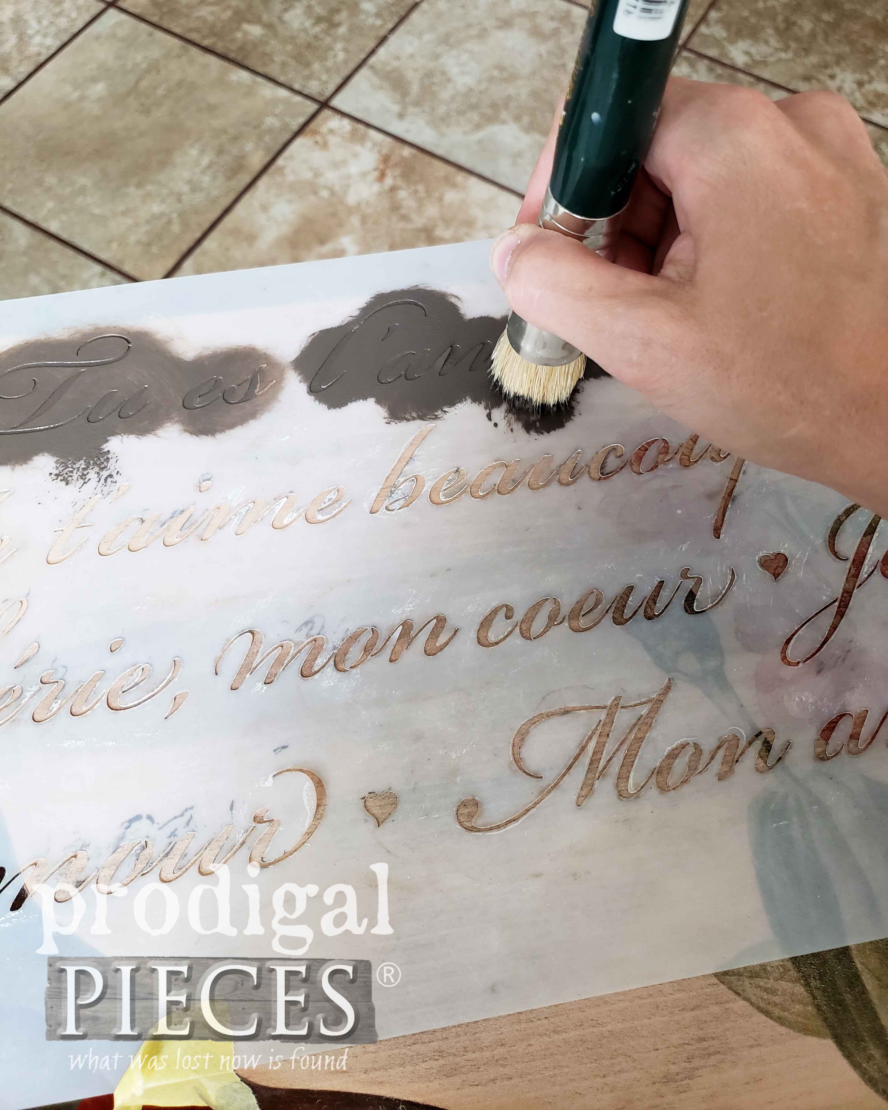 Stenciling Table Top with French Script Stencil by Prodigal Pieces | prodigalpieces.com