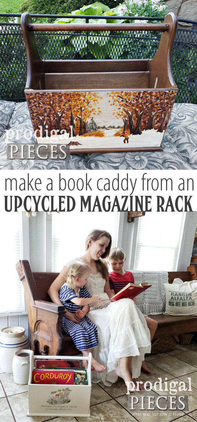 Get into a book and find adventure! | An upcycled magazine rack becomes a fun book caddy with a little DIY spirit | Come see at Prodigal Pieces | prodigalpieces.com #prodigalpieces #handmade #books #diy #vintage