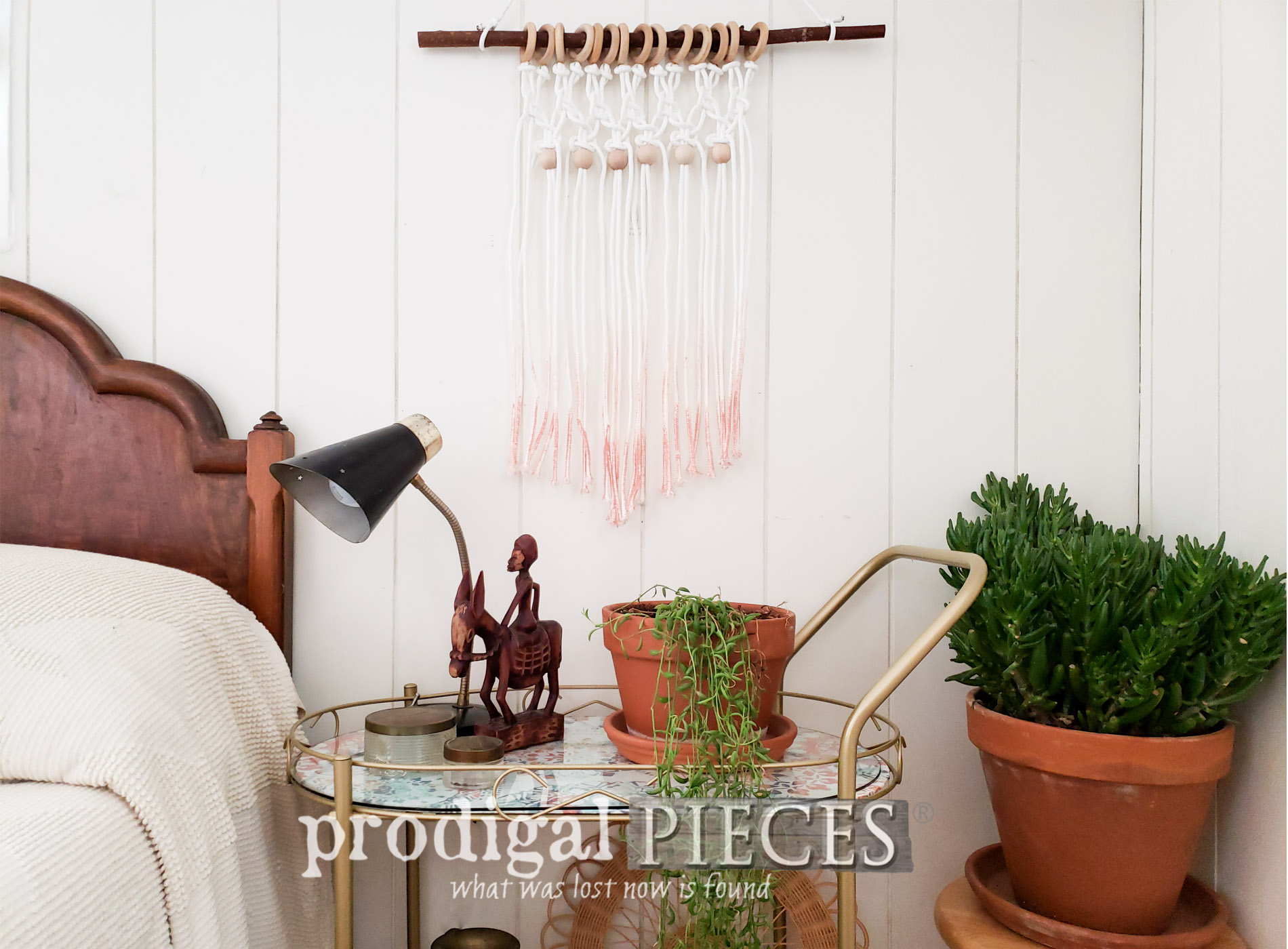 Featured Mid Century Modern Bar Cart with DIY Ombre Macrame Wall Art Tutorial by Prodigal Pieces | prodigalpieces.com