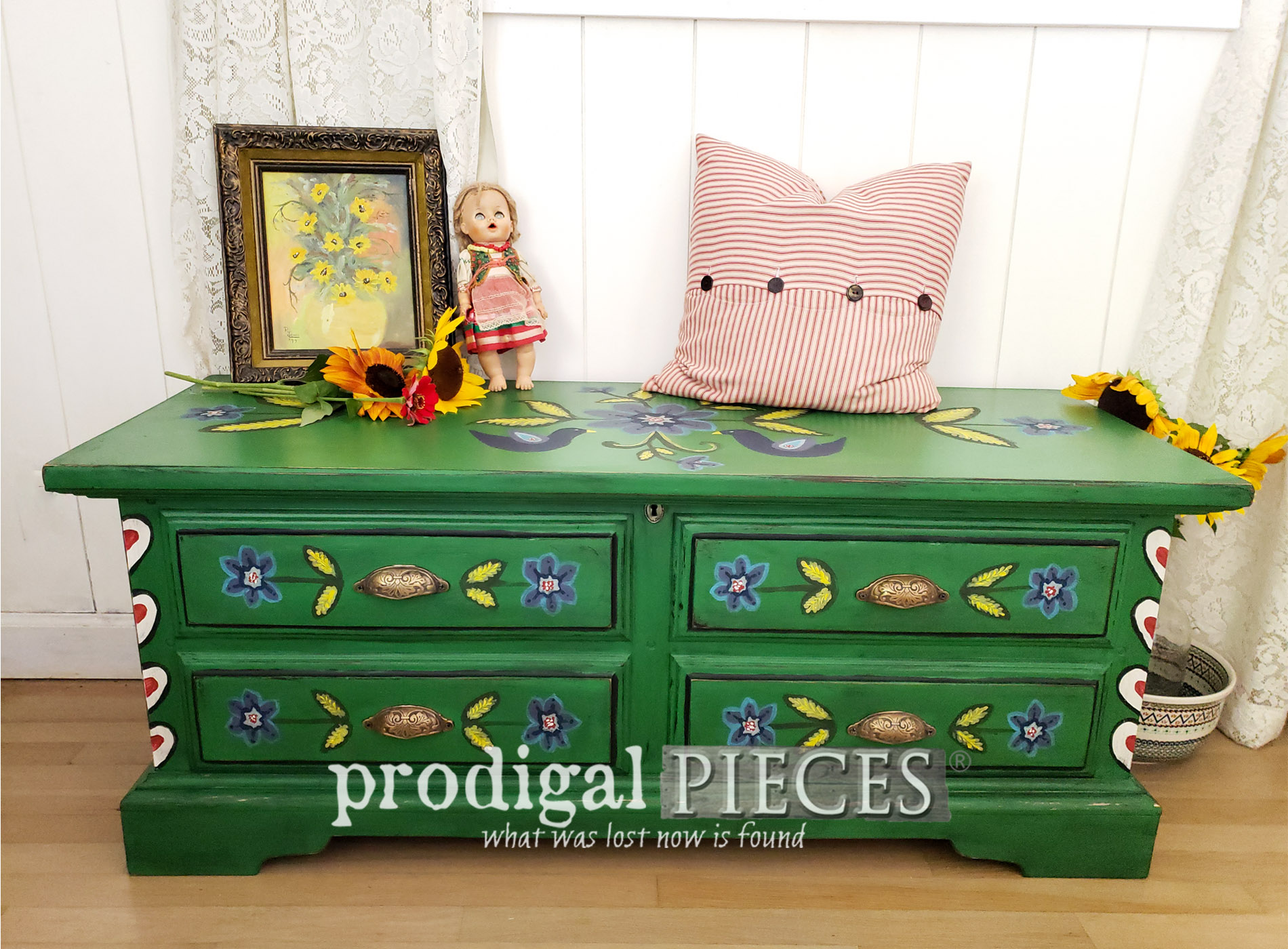 Featured Vintage Blanket Chest with Hand-Painted Folk Art Design by Larissa of Prodigal Pieces | prodigalpieces.com