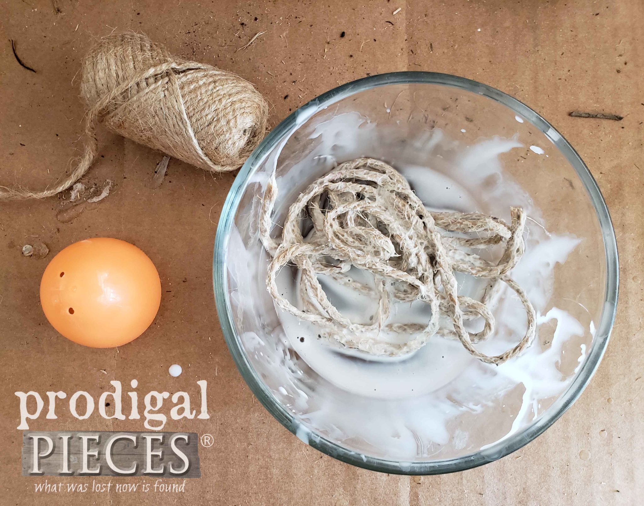 Soaking Twine in Glue Mixture for DIY Miniature Bee Skep | prodigapieces.com