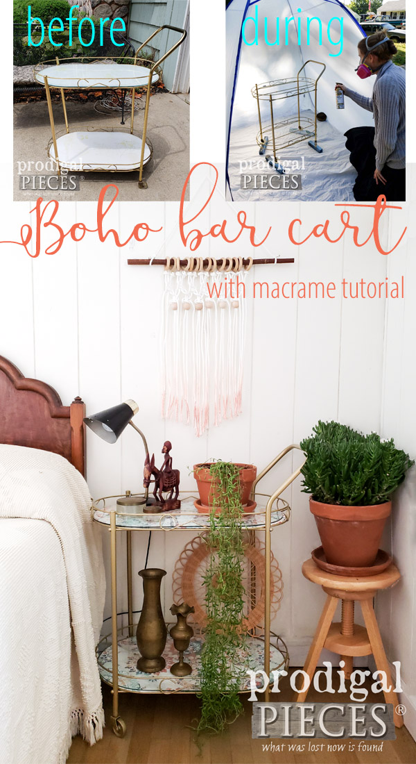  A thrifted vintage Mid Century Modern bar cart got a fresh new Boho chic style with paper and paint by Larissa of Prodigal Pieces. Plus, get the DIY tutorial for this ombre macrame wall art at prodigalpieces.com #prodigalpieces #home #homedecor #homedecorideas #furniture #handmade #midcenturymodern #boho