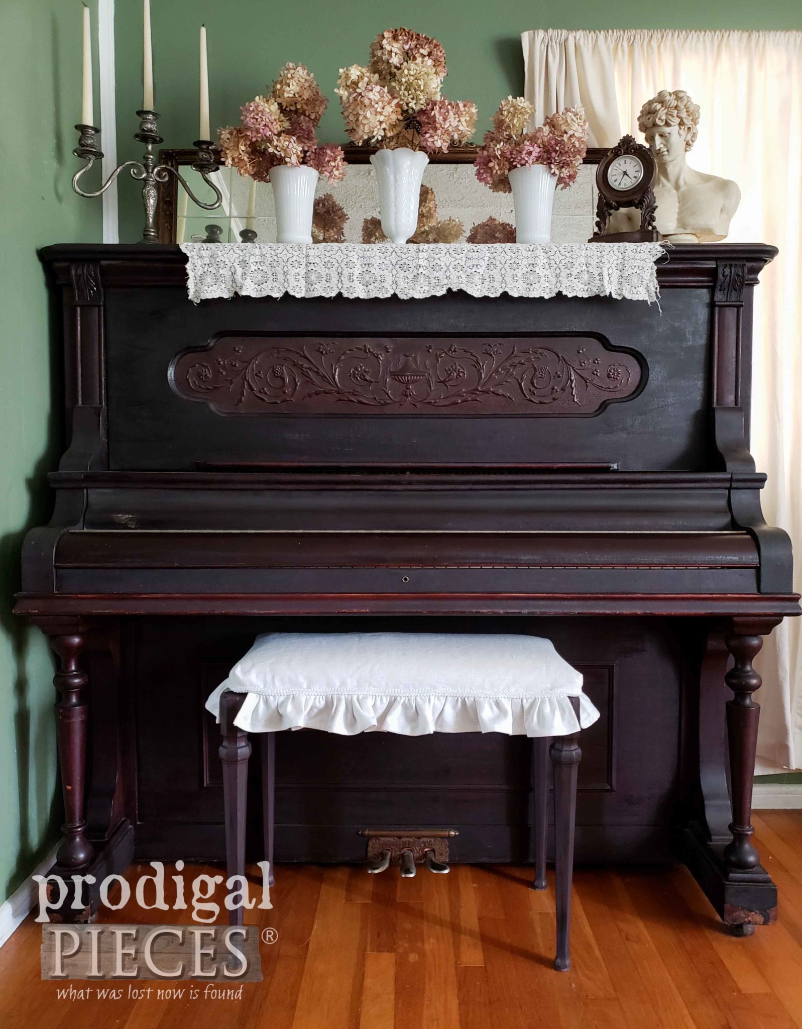 Ornate Antique Upright Grand Piano with Linen Upholstered Piano Bench by Larissa of Prodigal Pieces | prodigalpieces.com