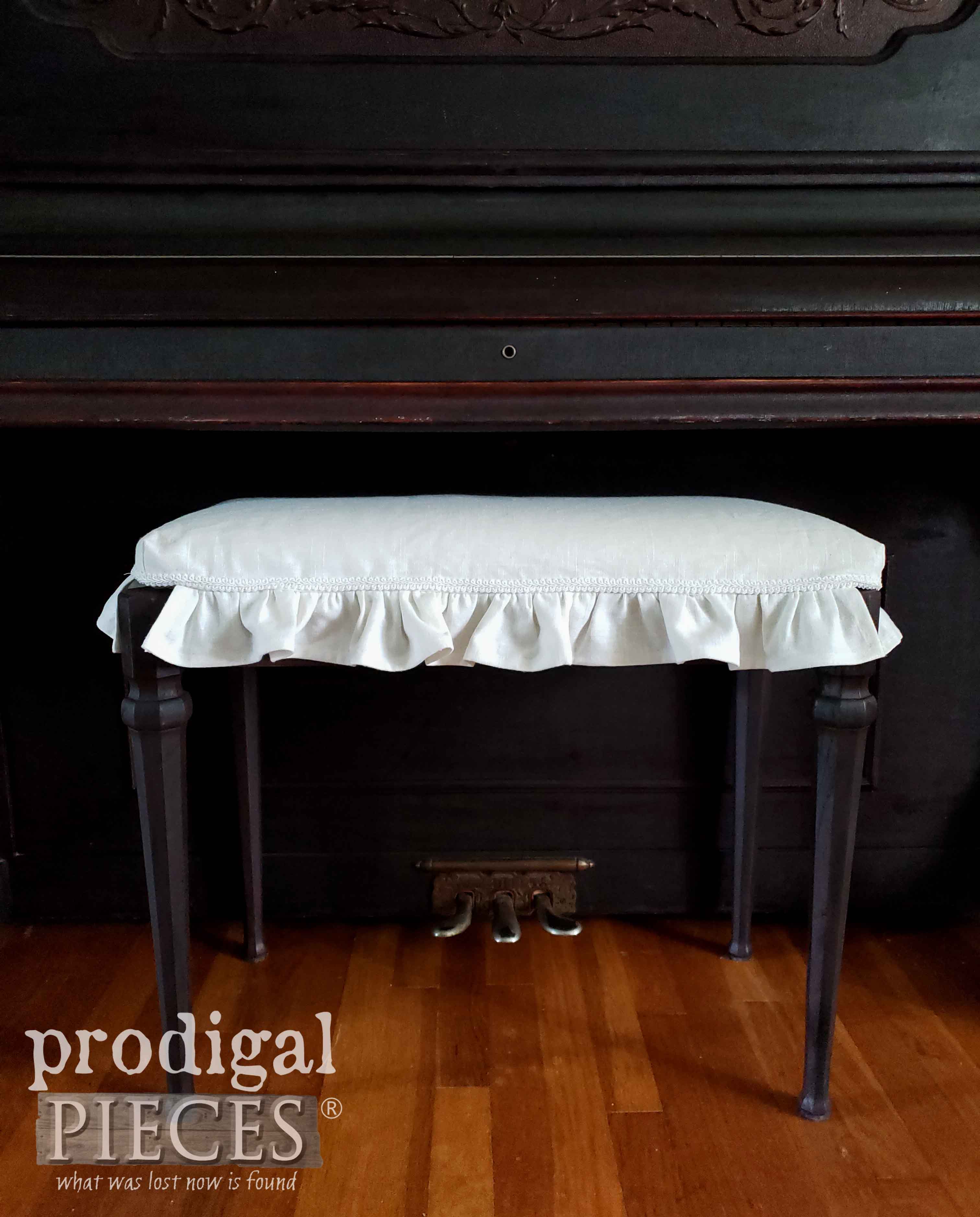 DIY Vintage Piano Bench Makeover with Linen Slipcover by Larissa of Prodigal Pieces | prodigalpieces.com
