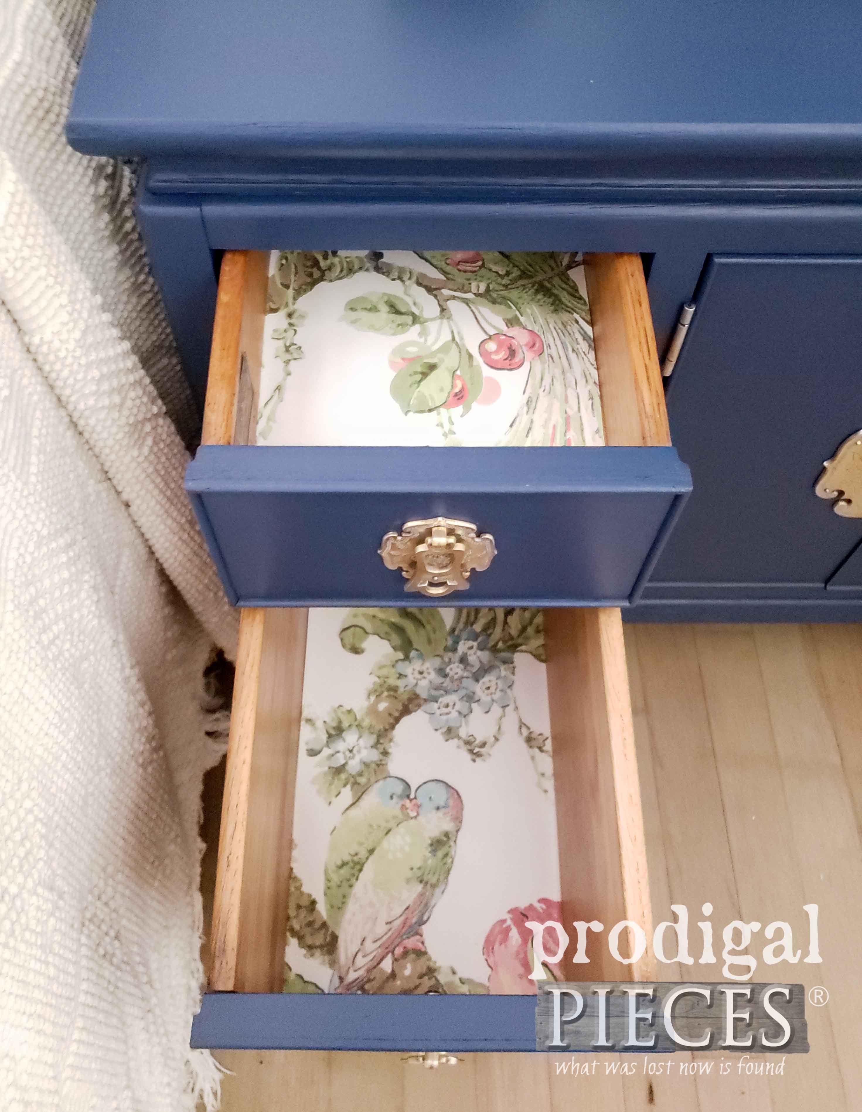 Vintage Chest Nightstand Drawers Lined with Vintage Wallpaper Samples by Larissa of Prodigal Pieces | prodigalpieces.com