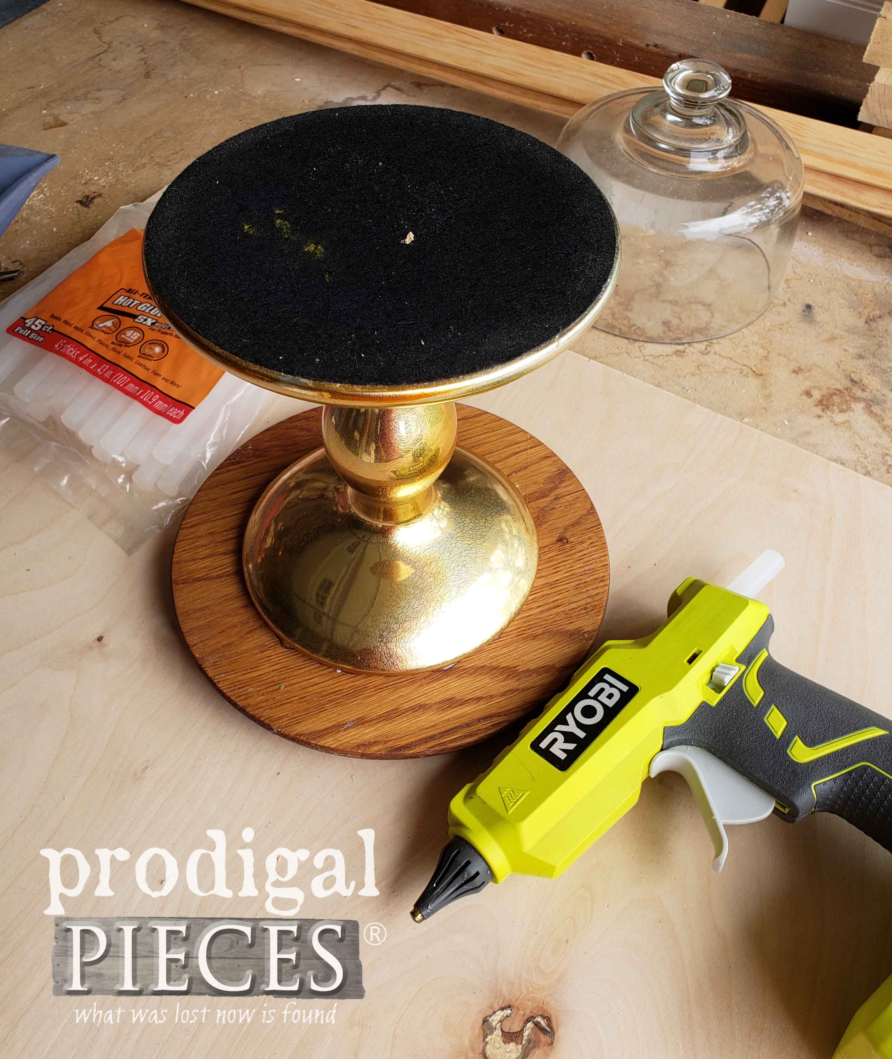 Gluing Large Candle Holder onto Thrifted Cheese Dome | prodigalpieces.com 