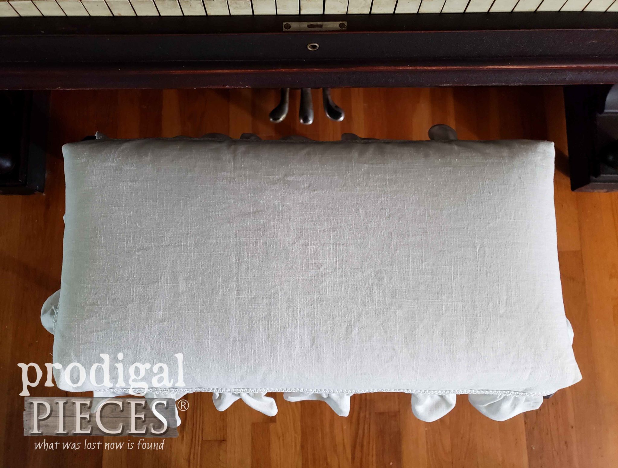 White Linen Piano Bench Slipcover by Larissa of Prodigal Pieces | prodigalpieces.com