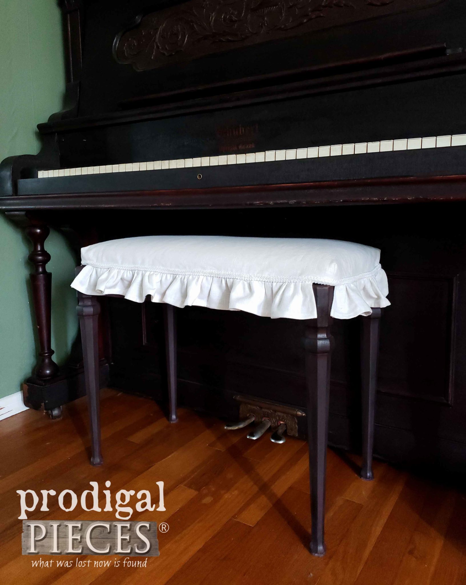 Vintage Piano Bench with Linen Slipcover by Larissa of Prodigal Pieces | prodigalpieces.com