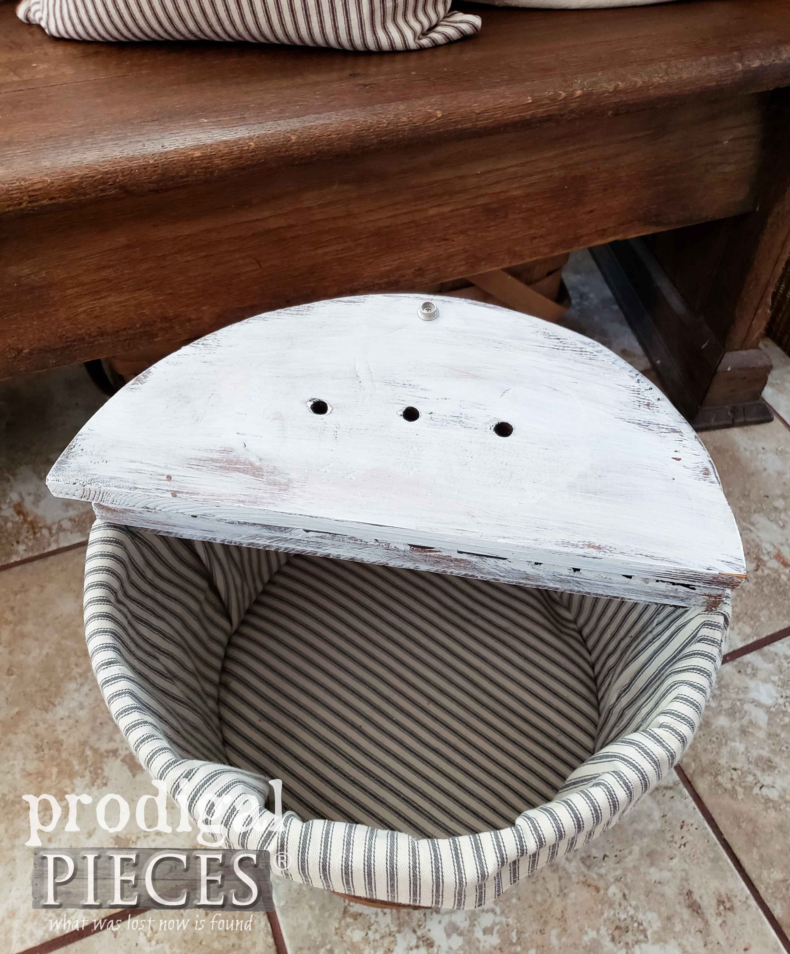 Gray Ticking Stripe Lined Sewing Basket by Larissa of Prodigal Pieces | prodigalpieces.com