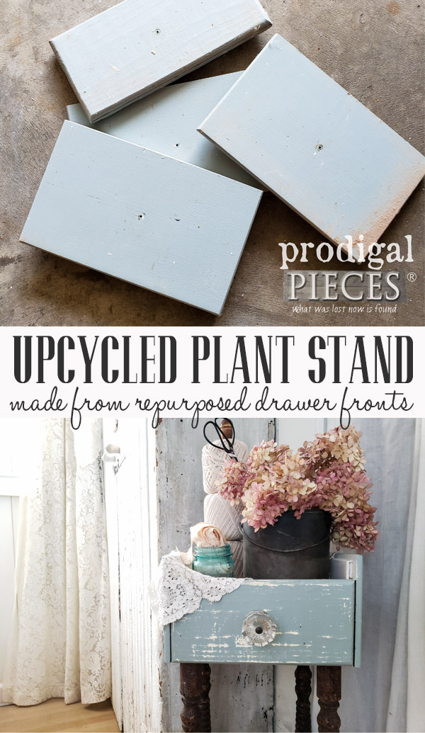 How fun is this?! A set of cast-off drawer fronts got new life as an beautiful upcycled plant stand built by Larissa of Prodigal Pieces | Get the DIY details at prodigalpieces.com #prodigalpieces #diy #handmade #furniture #home #homedecor #farmhouse #crafts