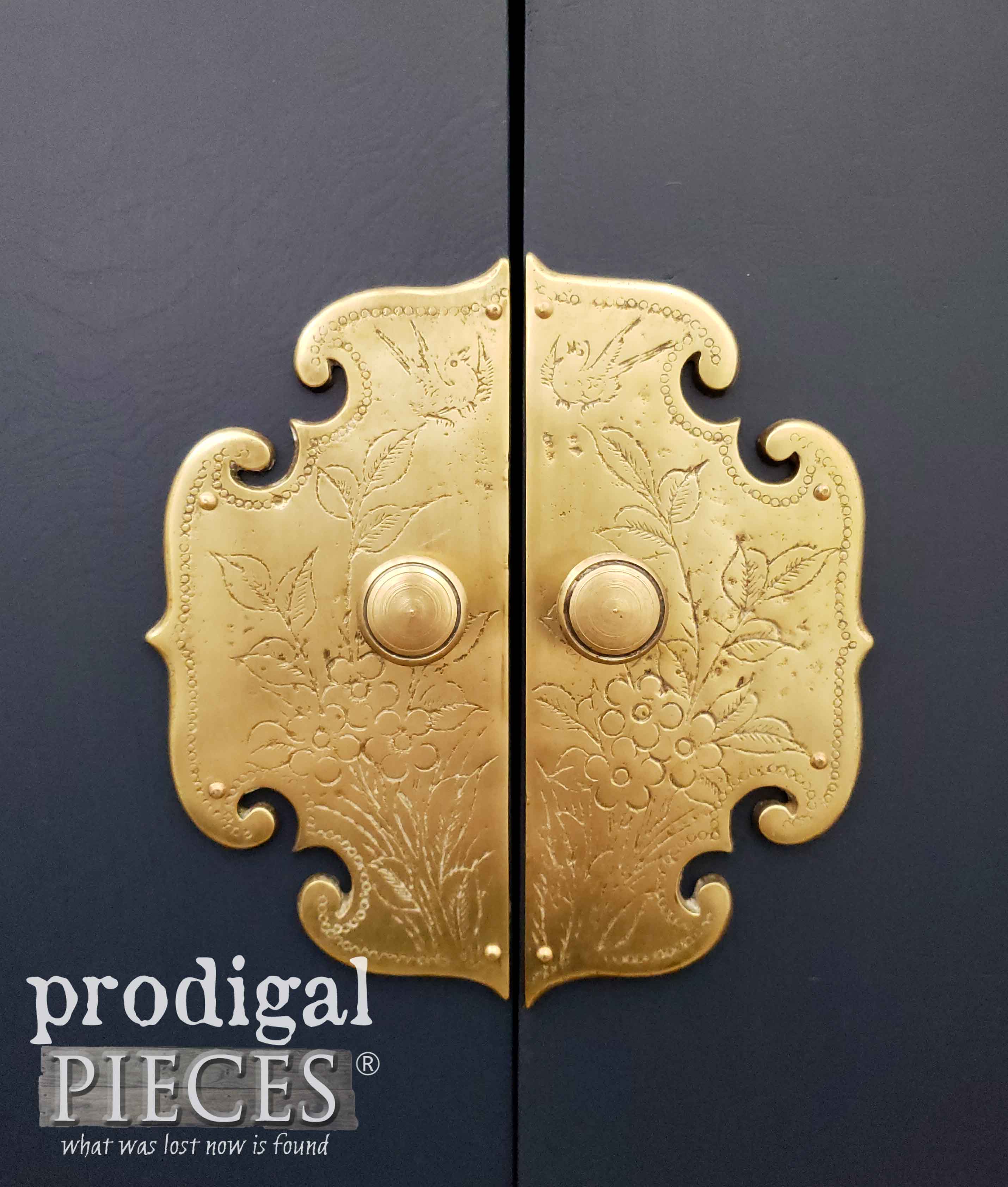 Ornate Vintage Brass Hardware on Chest Nightstand by Prodigal Pieces | prodigalpieces.com