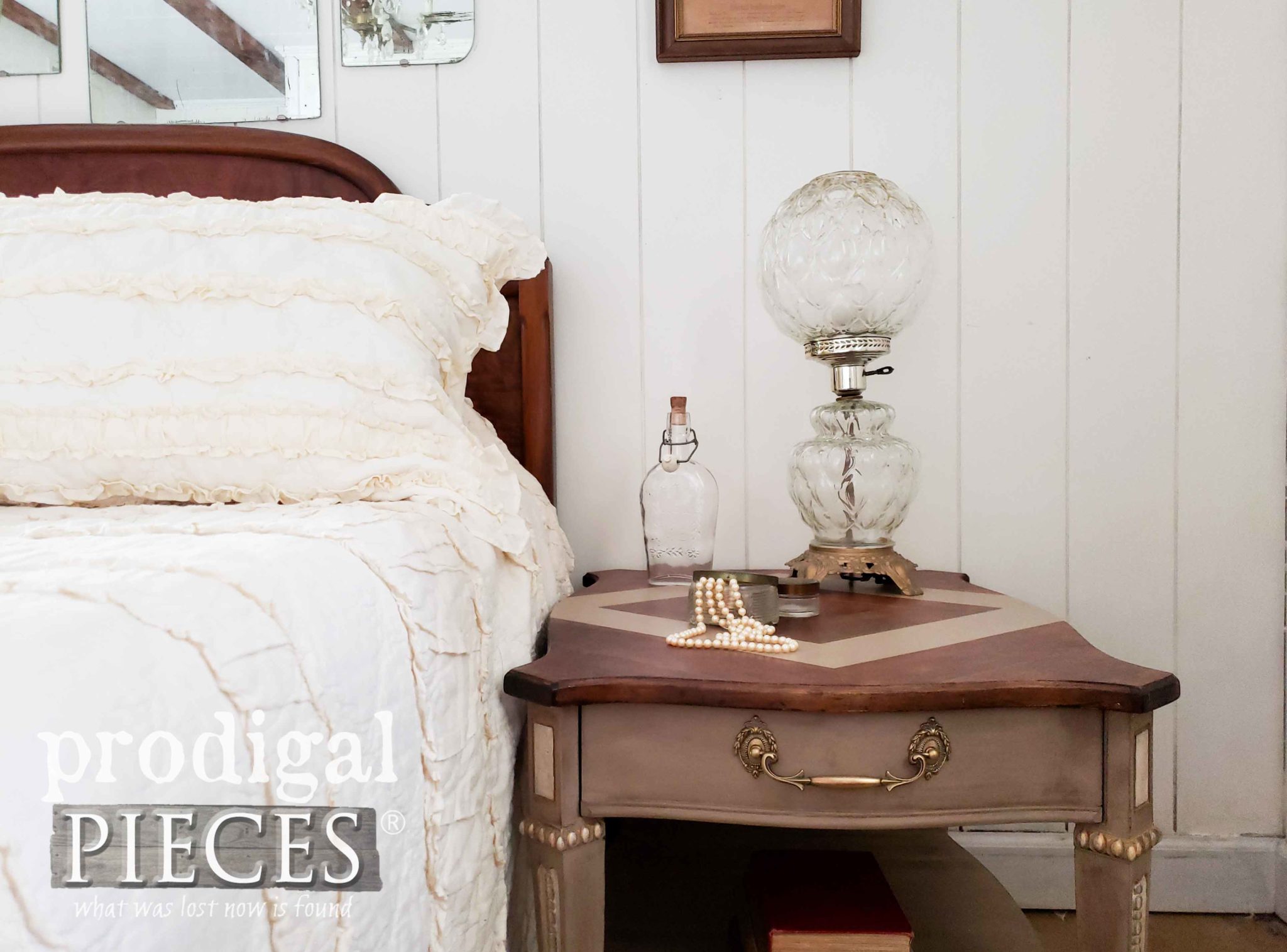 Farmhouse Style Bedroom Decor with Vintage Side Table by Larissa of Prodigal Pieces | prodigalpieces.com
