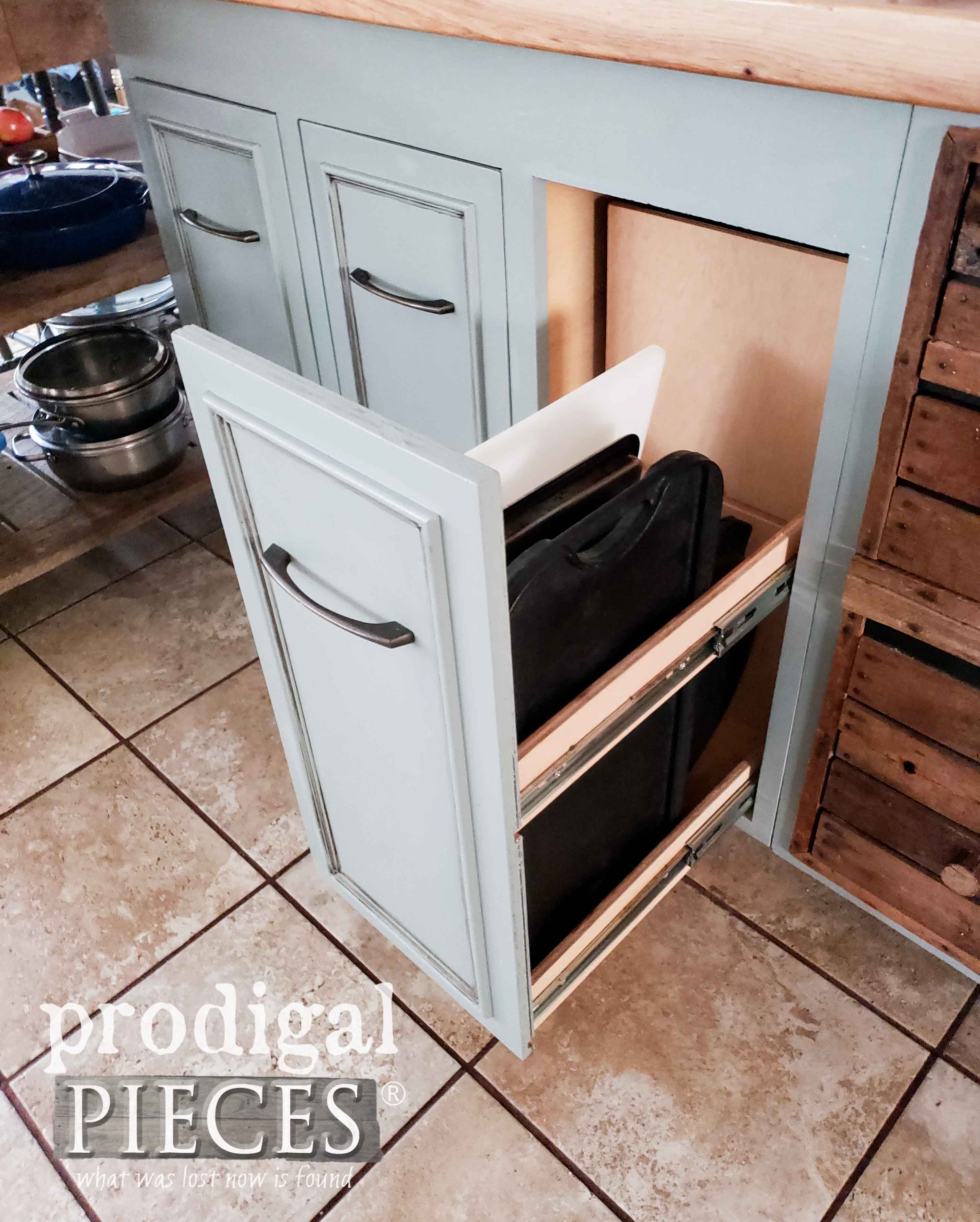 Custom Bakeware Drawer in Kitchen Cabinet for Bakeware and Cutting Boards by Prodigal Pieces | prodigalpieces.com