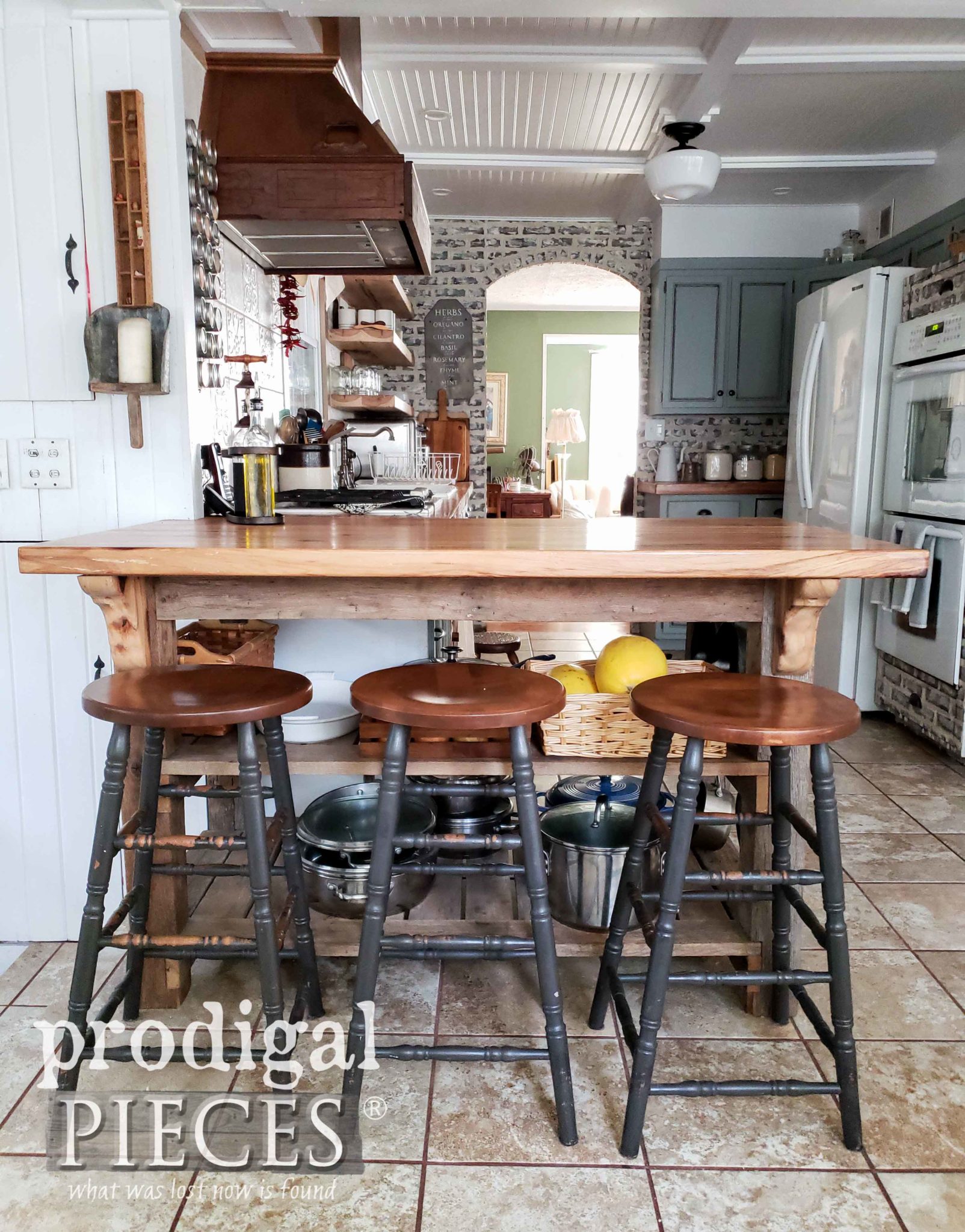 Rustic Farmhouse Kitchen Bar Stools and Reclaimed Counter by Prodigal Pieces | prodigalpieces.com