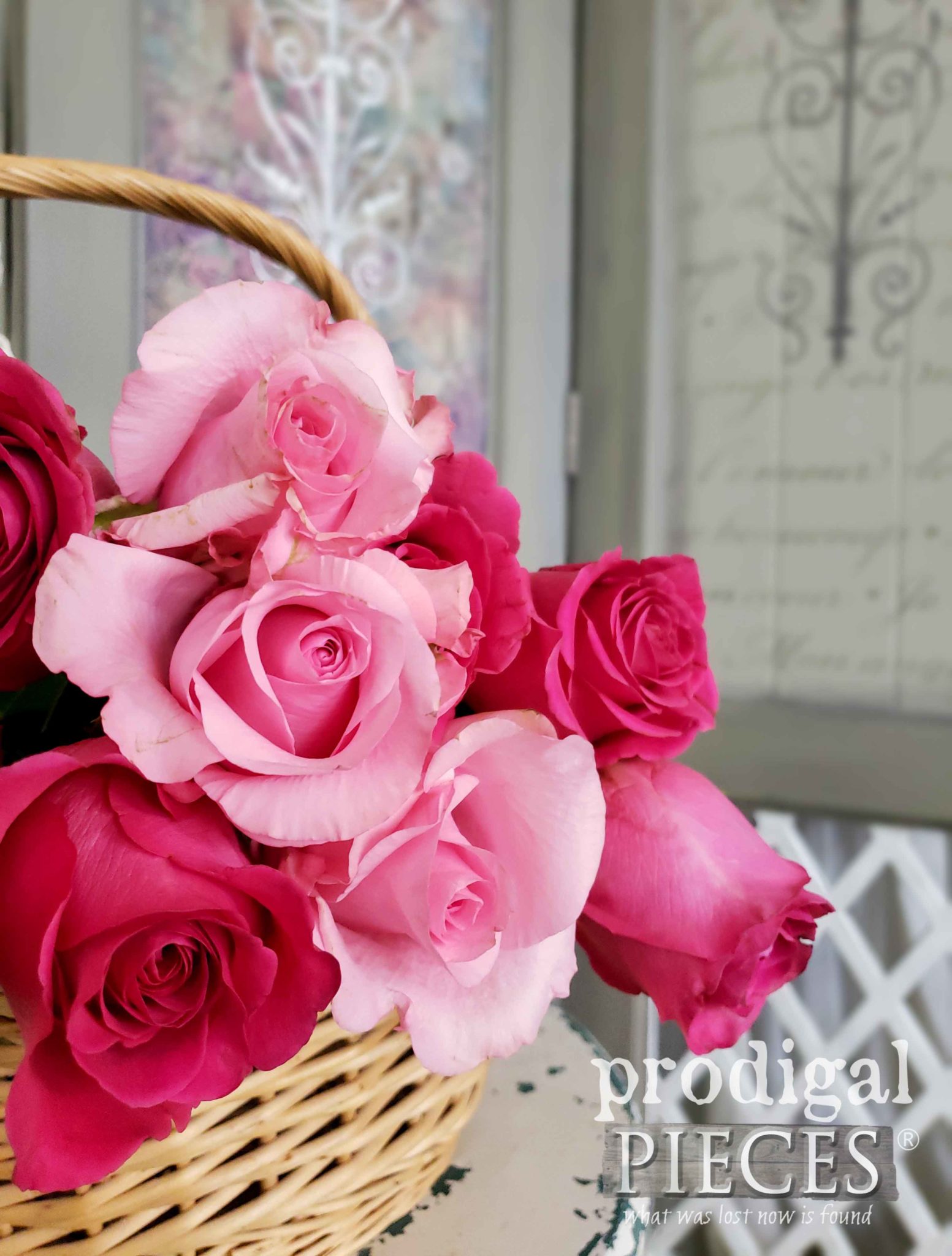 Basket of Roses in Farmhouse Shabby Chic Bedroom by Larissa of Prodigal Pieces | prodigalpieces.com