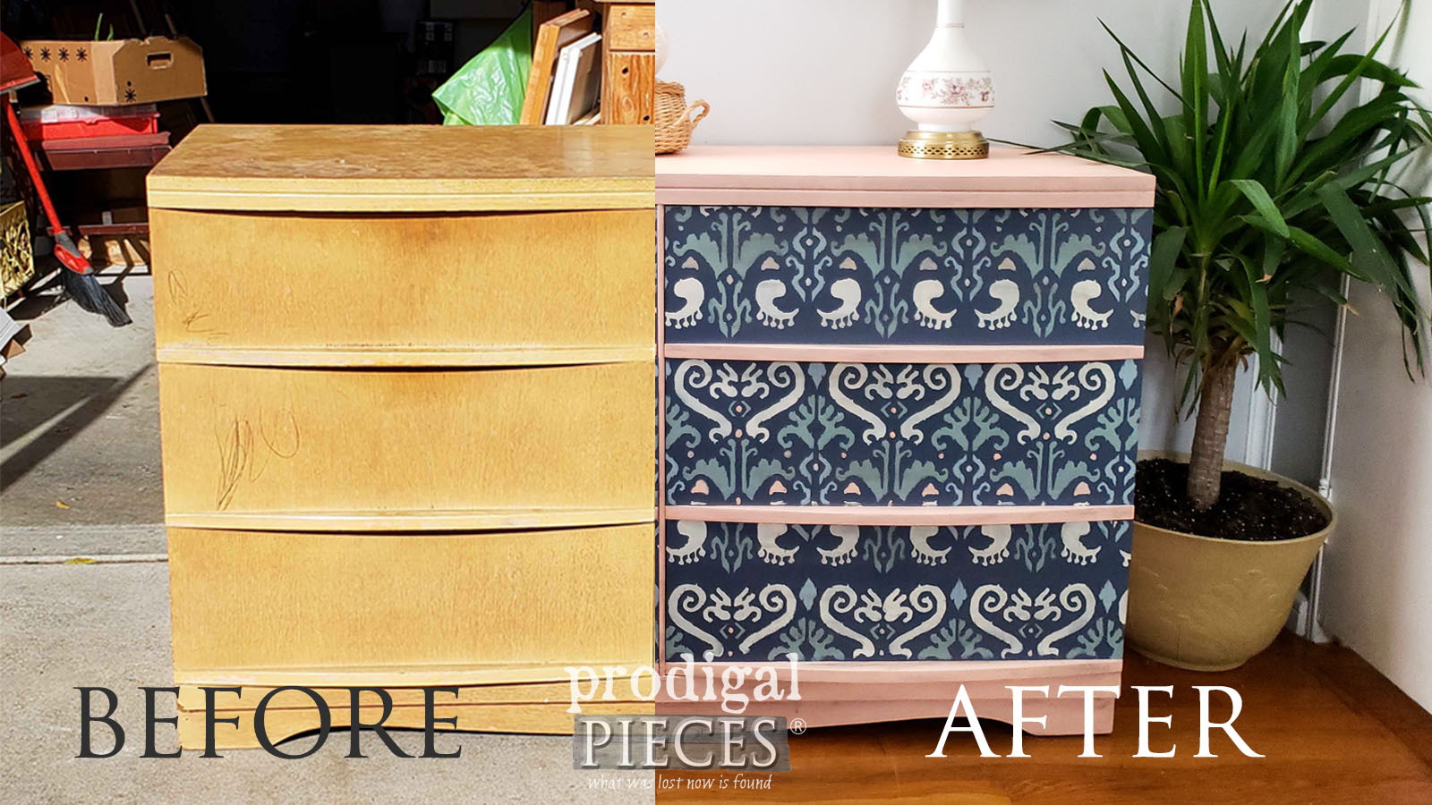 Before and After of Ikat Mid Century Modern Dresser Makeover by Larissa of Prodigal Pieces | prodigalpieces.com