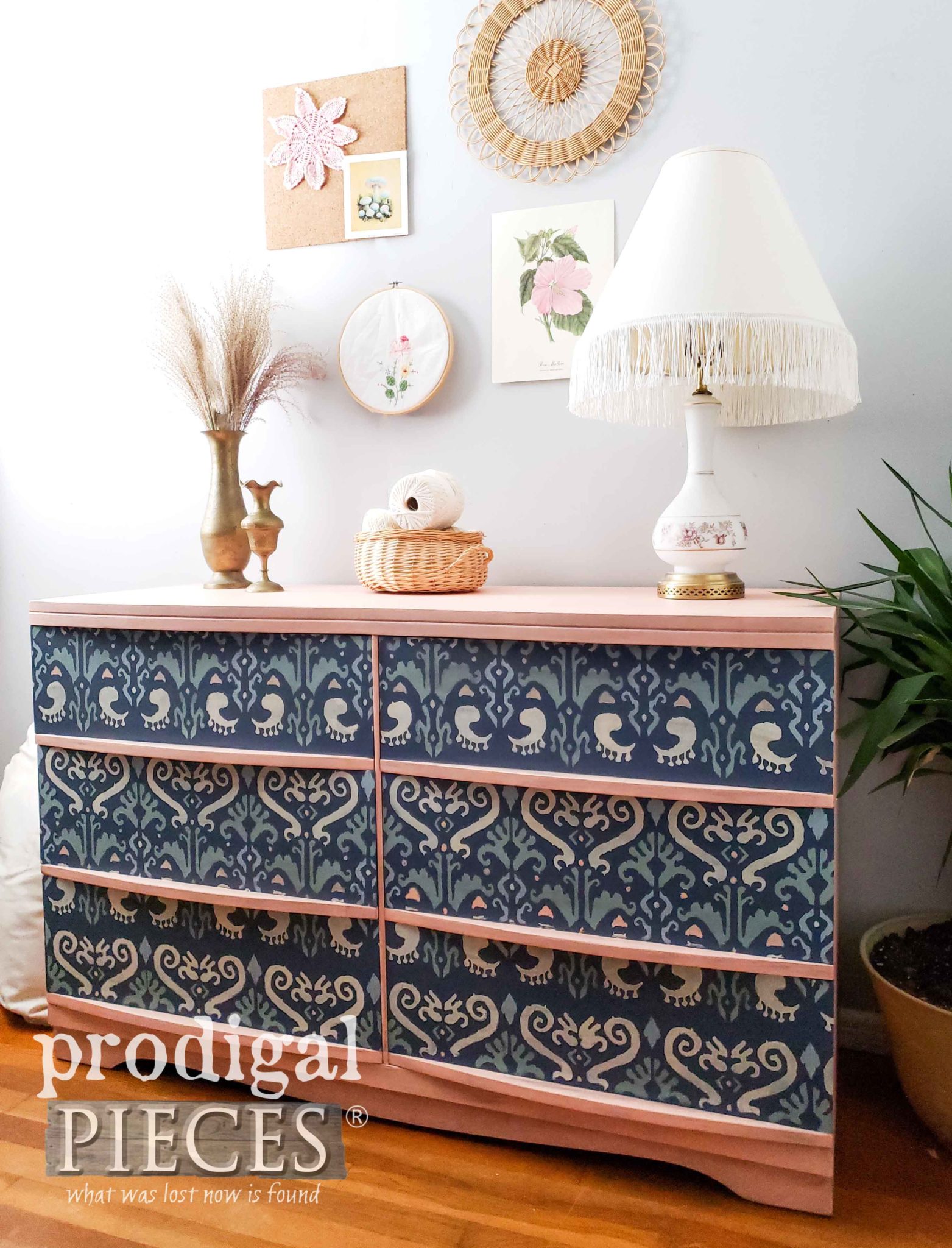 Blush Pink Boho Style Mid Century Modern Dresser with Ikat Design by Larissa of Prodigal Pieces | prodigalpieces.com