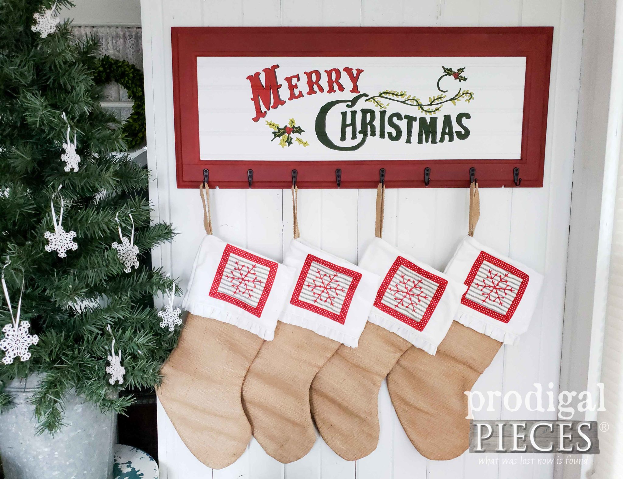 DIY Christmas Stocking Holder Made from an Upcycled Cupboard Door by Prodigal Pieces Kids Create | prodigalpieces.com